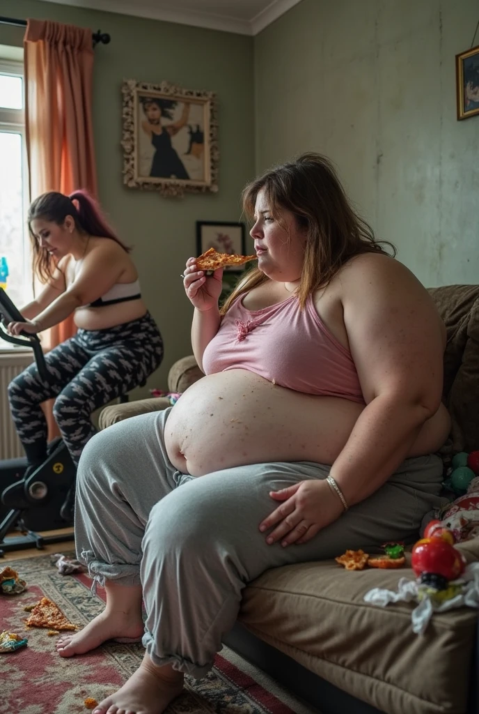 an obese woman, obesity woman 3, with hamburger in her hands, gym clothes, sitting on a pilates ball, hands a hamburger, in empty room, purple walls, with smile, looking at the viewer, 8K, ultra realistic .