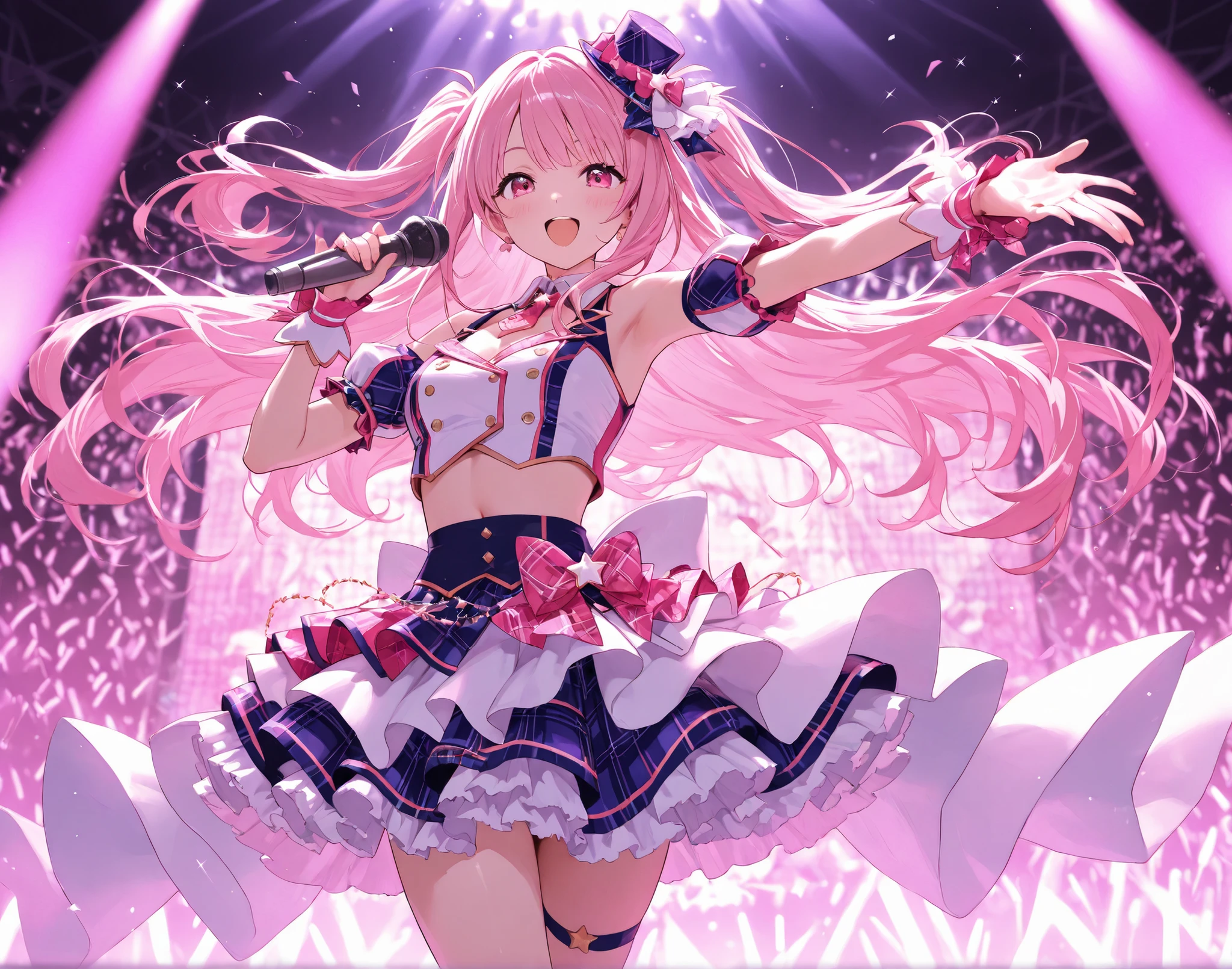 Dynamic angle, perfect human hands, ultra-detailed human fingers, upper body, one girl, smile, wolf ears, wolf tail, pink eyes, hair between eyes, (((wink)))), D cup, cleavage, striped hair, (((((Colorful hair color: 1))))), Variegated hairstyle: 1, twin tails, ultra-detailed gradient hair, idol costume, professional designer, ruffled dress, Love Live Costumes, Jewels, Backstage, Best Stage, Climax, Professional Stage, (((Holding the microphone with your left hand and singing emotionally, overflowing emotions, best smile))), Singer, Vocalist: 1, Idol, Diva, Professional stage, Professional lighting, Live lighting, Distracting, Fan Service: 1, (Satellite photo seen from the audience)))), (((Panchira, Cute panties)))