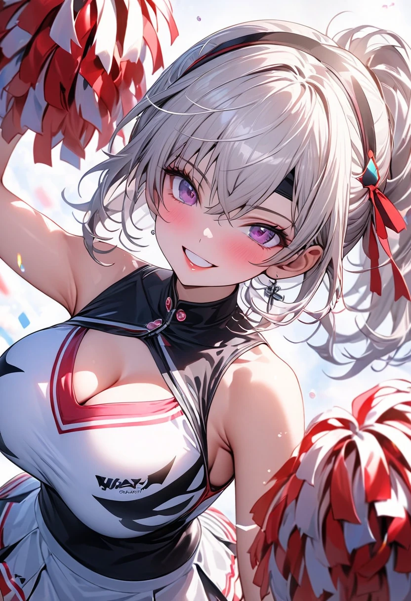 pretty girl、Young face、long silver Hair、long Twin tails、Pink eyeischievous face、Spoiled brat、Immature body、Small breasts、smile、Sweat、(Thick thighs:1.5)、very little demon horns and tail、red eyes、On all fours、Backwards、looking at viewer、sweat、pink tattoo on her abdomen、ハート型の眼、Open mouth、double teeth、fang、blushing and sticking out her cute tongue, tongue out、sensational、cheerleader、whole body