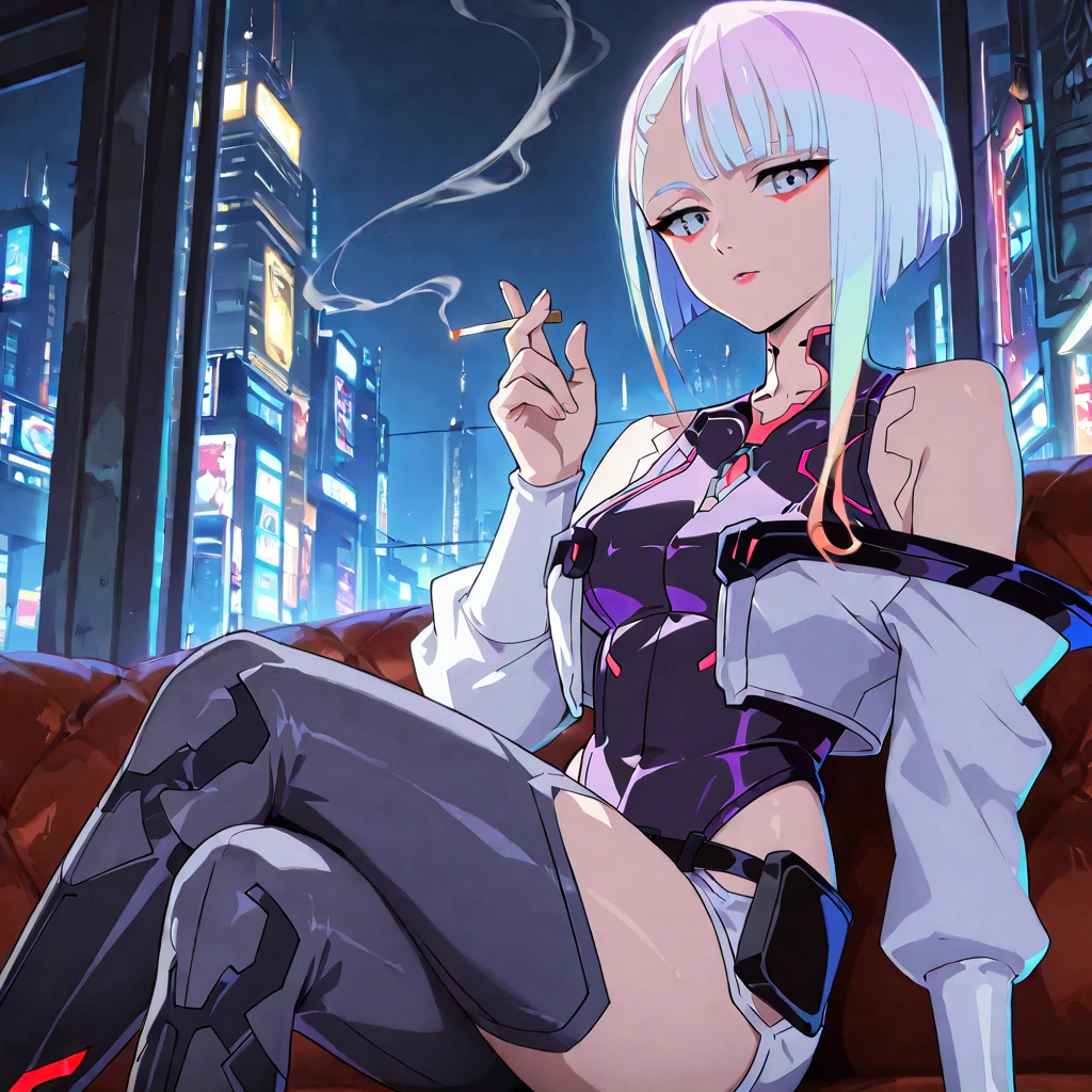 (extremely detailed CG unity 8k wallpaper), (ultra-detailed), masterpiece, best quality, lucy \(cyberpunk\), bodysuit, solo, breasts, cyberpunk city, multicolored hair, short hair, looking at viewer, medium breasts, black bodysuit, grey eyes, hip vent, clothing cutout, thigh gap, covered navel, white jacket, bare shoulders, short shorts, couch,city background