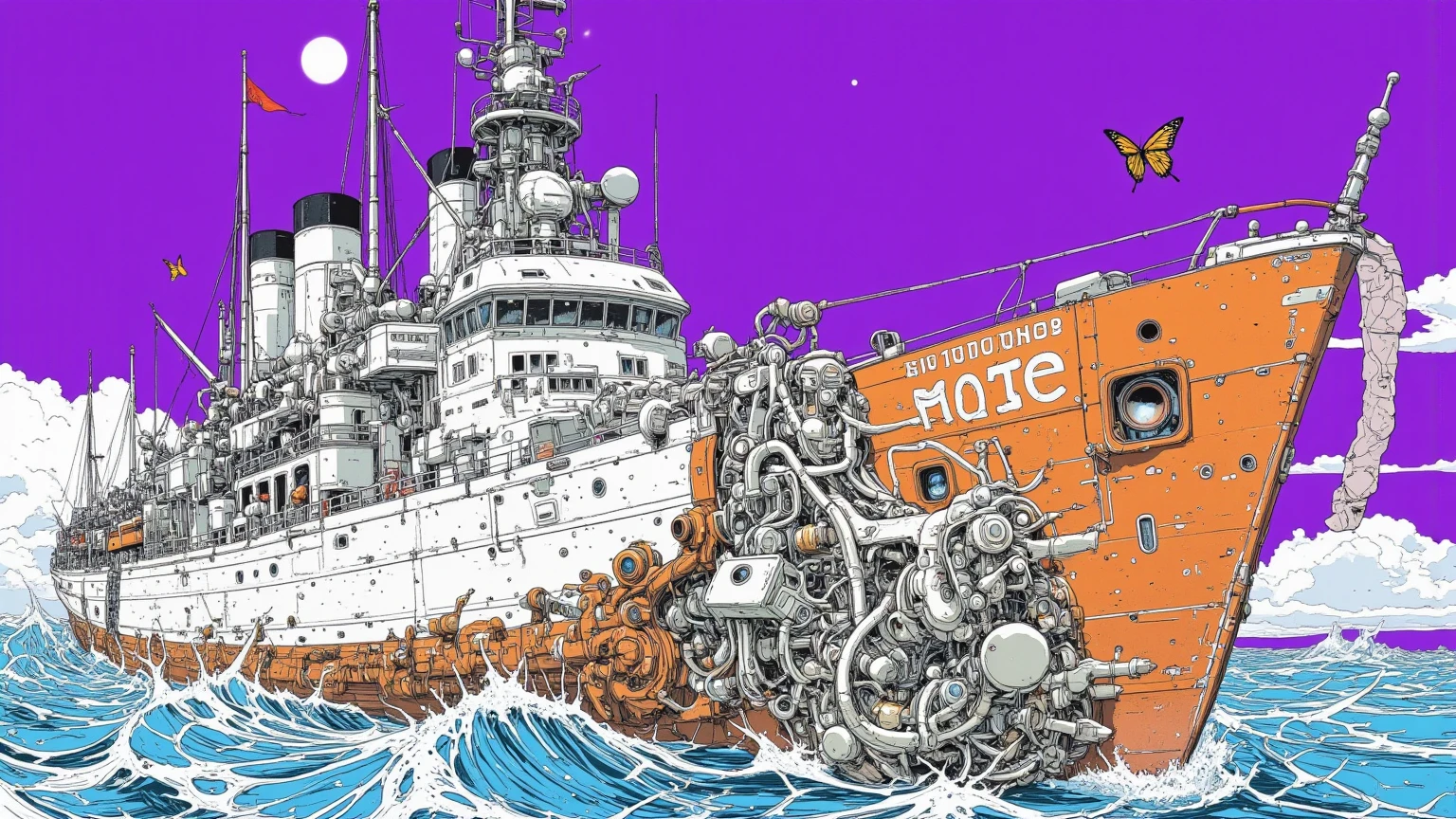 湖に浮かぶ英字新聞で出来た boatの想像上の画像,surreal collage, a contemporary artistic collage, collage artwork,   new album jacket,great job, digital collage, ( collage ), collage art, contemporary collage,mixed media collage,surreal + HD,surreal style,convertible, boat, purple sky, butterfly,shell,record,English newspaper ,The Inner World of the Autism Spectrum,surreal,Strange fish,British soldier