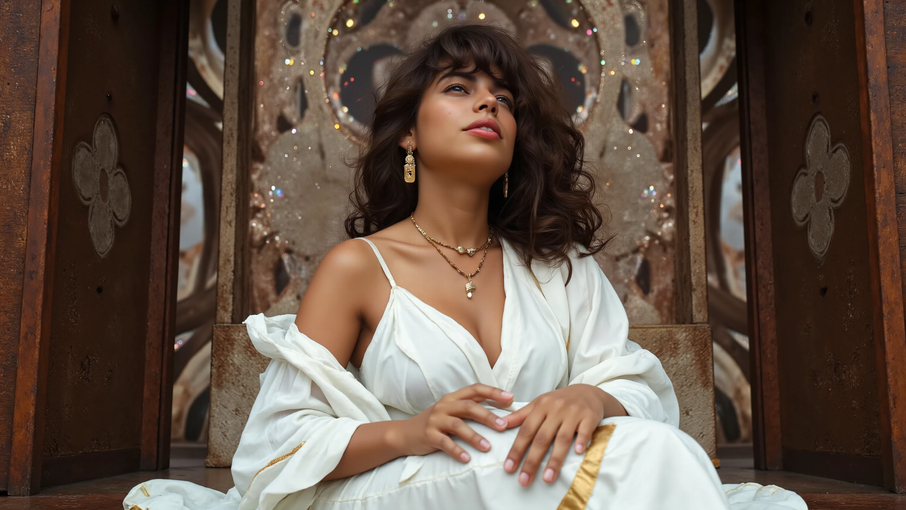 Photo of a dark skinned woman draped in white ritual cloth with gold accents, perfect body, futuristic religious, religious setting, futuristic setting, ritual, interstellar, occult, ritualistic, analogue film, film grain, Kodachrome, intricate details, insanely detailed, natural lighting, ray tracing, 16k, UHD, HDR, photorealistic, cinematic, masterpiece, award winning, Fine art photography style, film photography style, surreal atmosphere