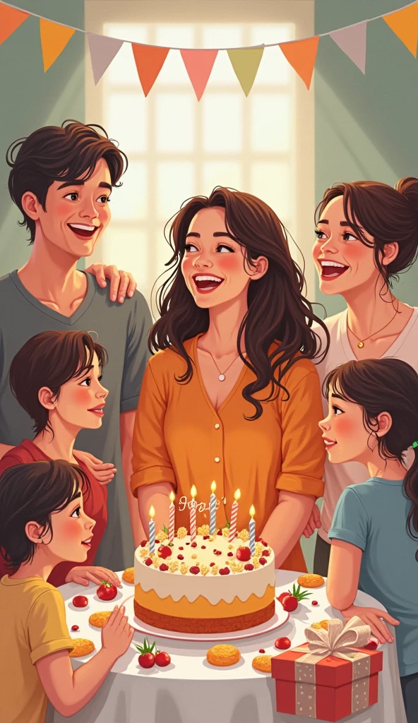 The beautiful young face women cut chocolate cake ( use knife ) on the cake 20 number candle. and she's face full of happiness and she's holding a big flower bouquet and she waring black frock with full sleeve and covered nack.and with she's familyalso there big brother (26 years old)Waring ( pink t shirt and black shorts ) and mother (4 ) waring (blue frock ) and big sister (2) waring a ( green frock) and another big brother (2 ) waring a ( dark purple t shirt and denim ) and nine years old brother waring a ( Brown t shirt and blsck shorts)and she's face dress she's in a dark room with some warm yellow light.