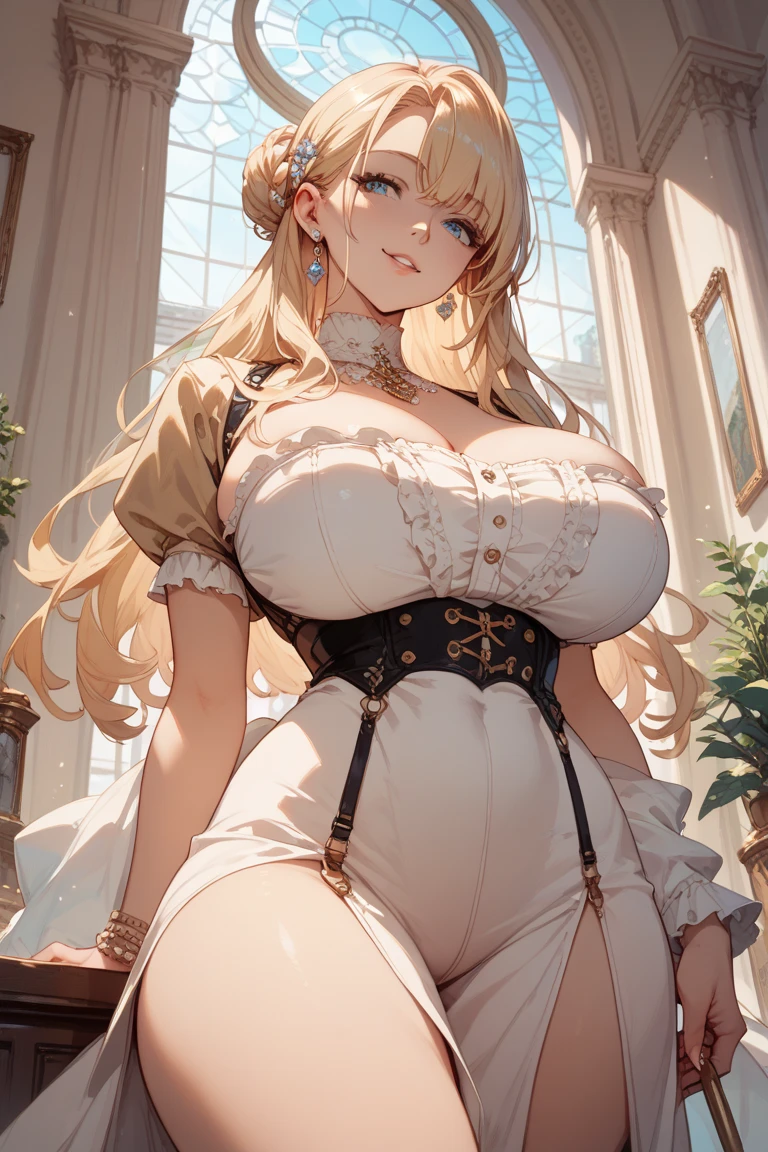 Best quality, masterpiece, ultra high res, raw photo, beautiful and aesthetic,deep shadow, dark theme,(ultra detailed:1.3),
1girl, sitting pose, Headdress, (beautiful face, detailed eye:1.2), embarrassed, (busty breasts, gigantic breasts:1.1), drill hair, long hair, blonde hair, gradient hair, yellow eyes, solo, big hair, blue hair, divine goddess, looking at viewer, indoors, royal palace, medieval bedroom, astraea, full body, (dress:1.3),black headwear hat flower hat feather black thighhighs black gloves boots