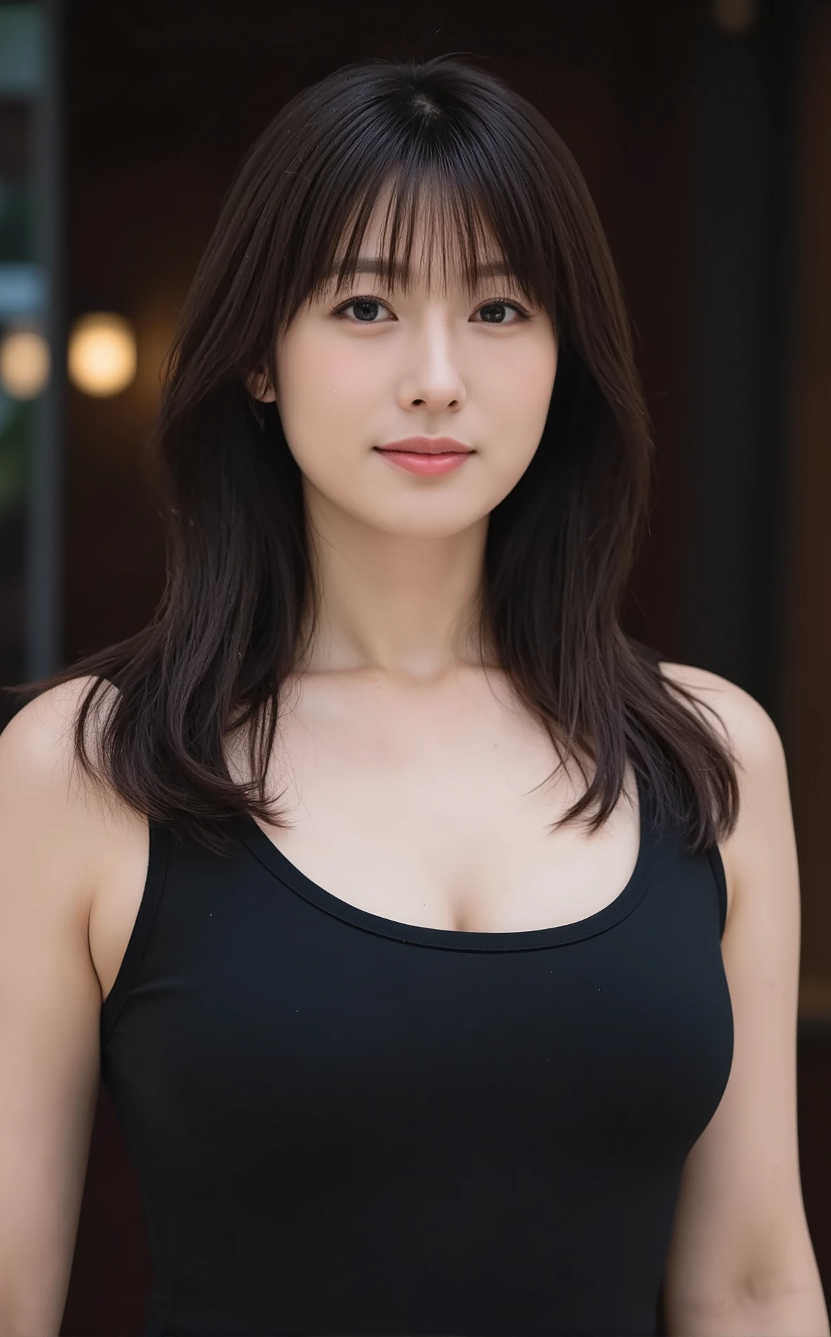 (mature adult woman wearing a leotard1By people),beautiful black hair,super straight hair,With bangs,((Fluttering Hair)), realistic person images in dark waters,Realism,Best Quality,mastepeice,Best Quality,best image quality,highest resolution,fine details,Beautiful detailed face,black eyes,((realistic skin)),detailed background,( Exact Upper Body),(perfect upper body),(((upper body))),((Realismのある肌)),(smiles),(((super big ))),(((((Wear jeans))))),(((((wear a tank top))))),((( standing))),(((((Large breasts)))),((((Wear)))),((((In a dark alley)))),