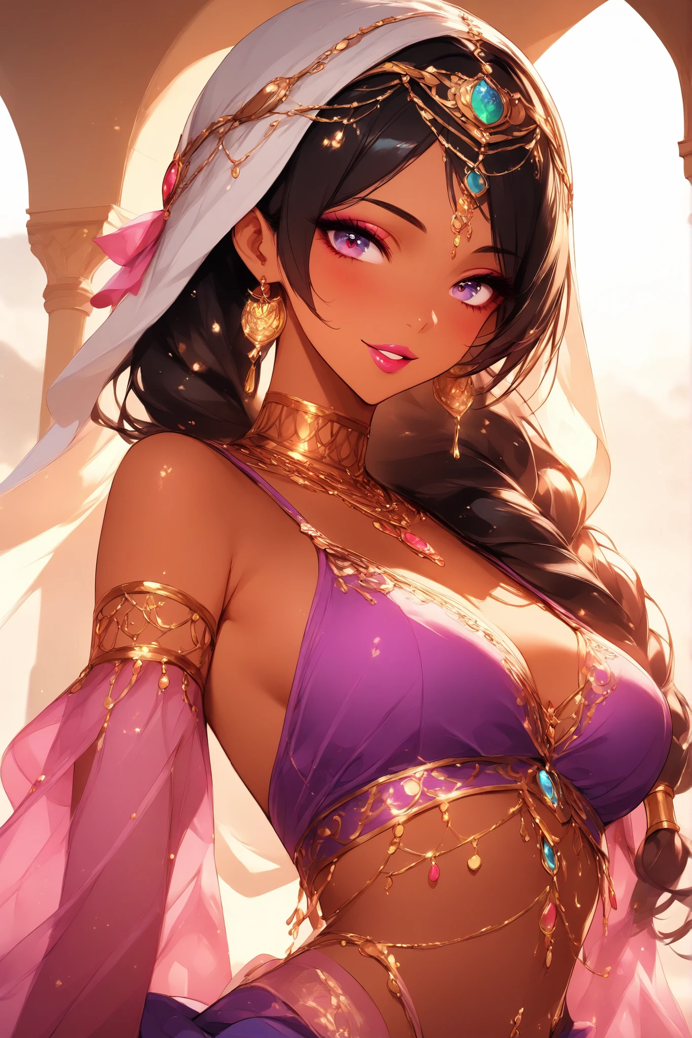 26 year old woman brown hair purple eyes brown skin large breasts wearing indigenous clothing