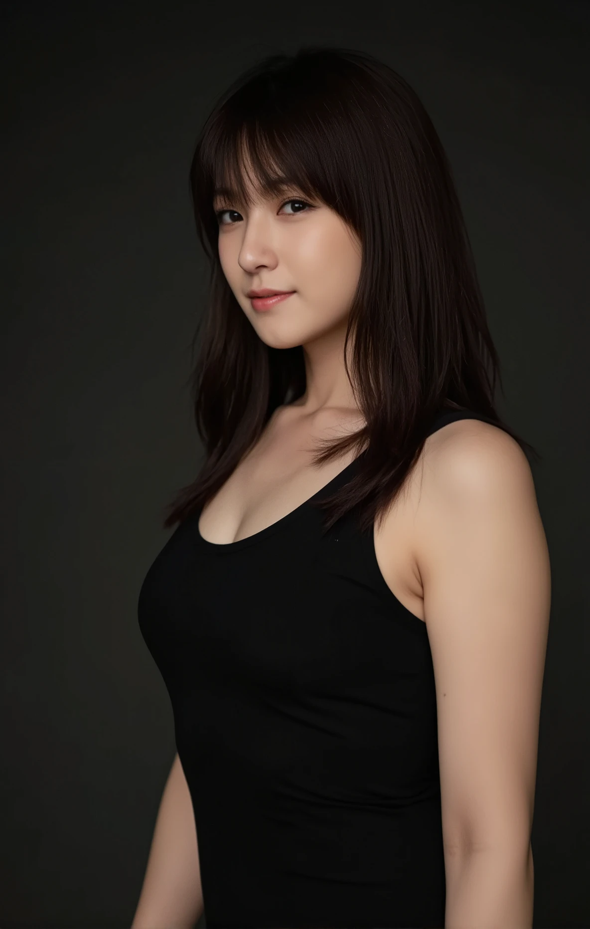 (mature adult woman wearing a leotard１By people),beautiful black hair,super straight hair,With bangs,((Fluttering Hair)), realistic person images in dark waters,Realism,Best Quality,mastepeice,Best Quality,best image quality,highest resolution,fine details,Beautiful detailed face,black eyes,((realistic skin)),detailed background,( Exact Upper Body),(perfect upper body),(((upper body))),((Realismのある肌)),(smiles),(((super big ))),(((((Wear jeans))))),(((((wear a tank top))))),((( standing))),(((((Large breasts)))),((((Wear)))),((((In a dark alley)))),