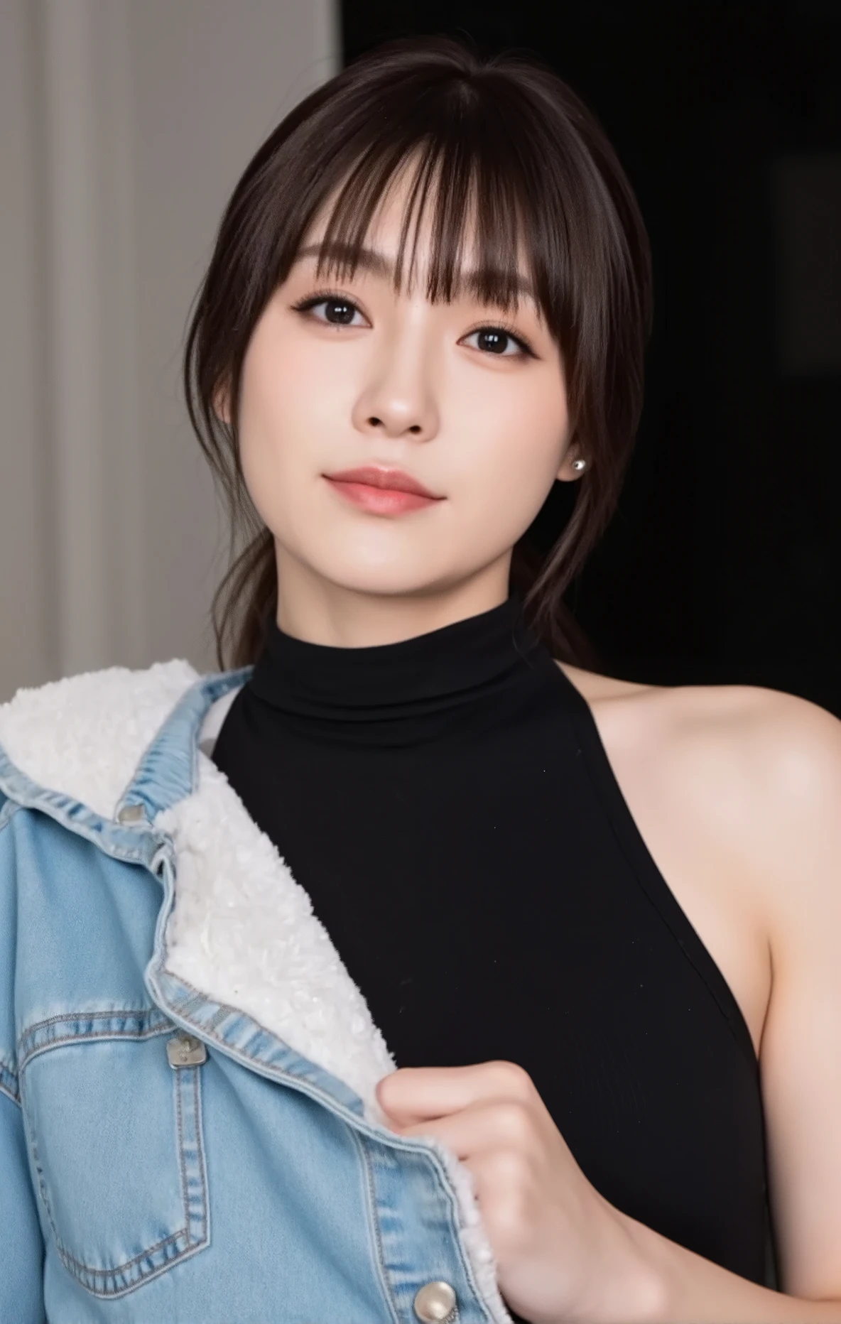 (mature adult woman wearing a leotard1By people),beautiful black hair,super straight hair,With bangs,((Fluttering Hair)), realistic person images in dark waters,Realism,Best Quality,mastepeice,Best Quality,best image quality,highest resolution,fine details,Beautiful detailed face,black eyes,((realistic skin)),detailed background,( Exact Upper Body),(perfect upper body),(((upper body))),((Realismのある肌)),(smiles),(((super big ))),(((((Wear jeans))))),(((((wear a tank top))))),((( standing))),(((((Large breasts)))),((((Wear)))),((((In a dark alley)))),