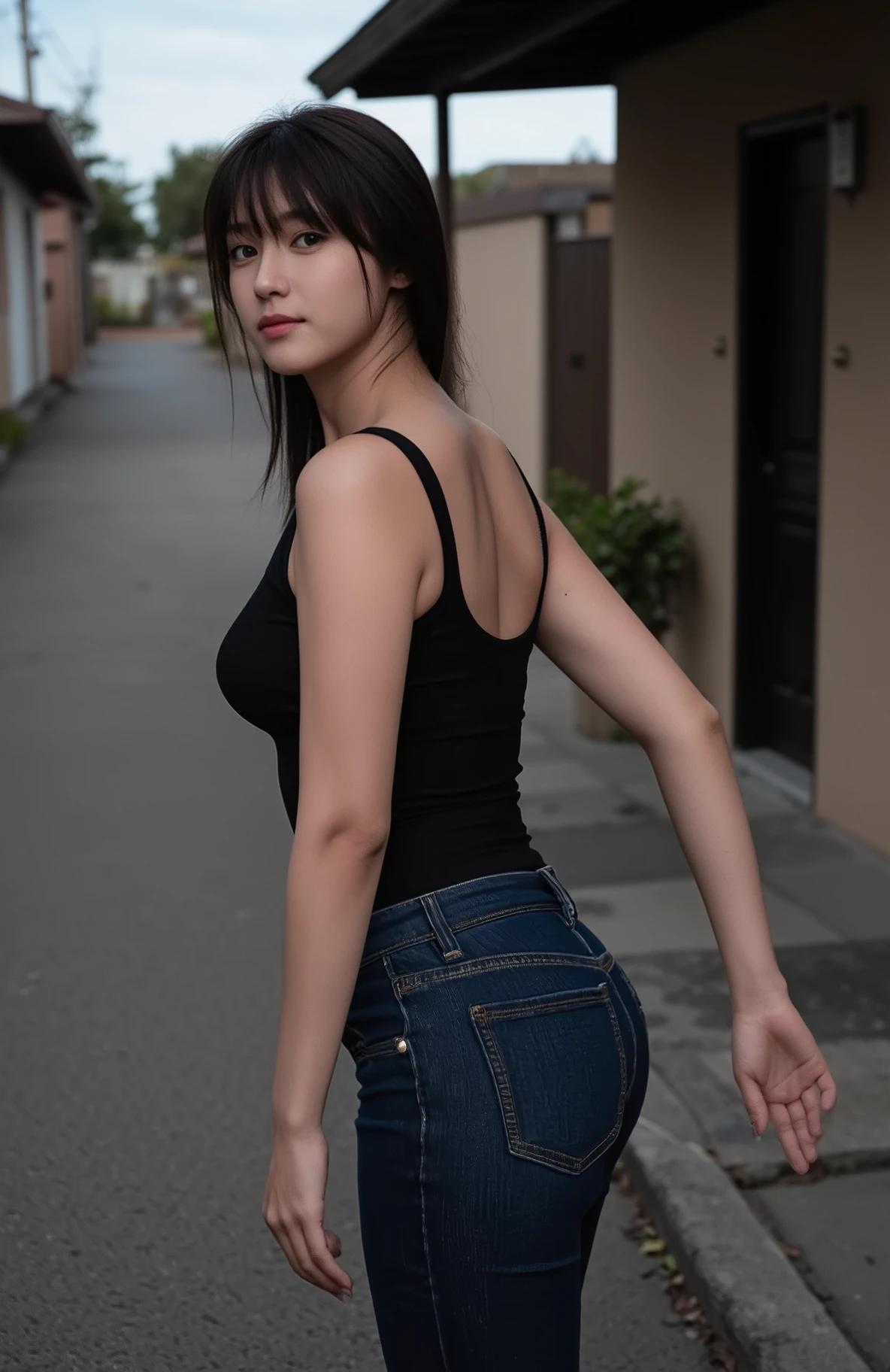 (mature adult woman wearing a leotard1By people),beautiful black hair,super straight hair,With bangs,((Fluttering Hair)), realistic person images in dark waters,Realism,Best Quality,mastepeice,Best Quality,best image quality,highest resolution,fine details,Beautiful detailed face,black eyes,((realistic skin)),detailed background,( Exact Upper Body),(perfect upper body),(((upper body))),((Realismのある肌)),(smiles),(((super big ))),(((((Wear jeans))))),(((((wear a tank top))))),((( standing))),(((((Large breasts)))),((((Wear)))),((((In a dark alley)))),