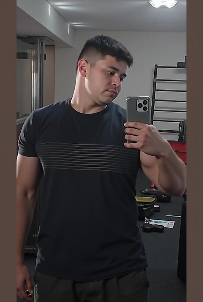 foto realista de Clark Kent, un hombre musculoso y masculino, 40 years old, cuerpo completo, Bigote,  cara detallada. en el gimnasio.  jeans ajustados metal gris brillante .