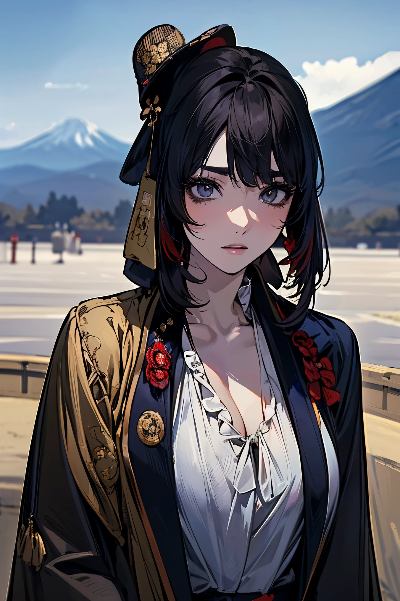 (masterpiece:1.5),beautiful hair,beautiful eyes,beautiful lips,Beautiful slender body,(Konno Anna:1.2),(Riho Yoshioka:1.1),(random expression:1.3),(Mountains in the background:1.4),bust illustration from the front ,Cleavage,((((An Extraordinary Beauty:1.7)))),((((blouse,military jacket,Taisho Romance:1.5)))),((19-year-old single woman holding a fish in her hand:1.1)),(anatomically correct hand depicted accurately:1.1)dark hair,long lashes,Three-dimensional, jewel-like eyes,Very delicate and beautiful CG,2. 5D illustration, anatomically accurate body, (Extremely precise illustrations:1.1),(Outdoors:1.4), (wallpaper:1.4),8k