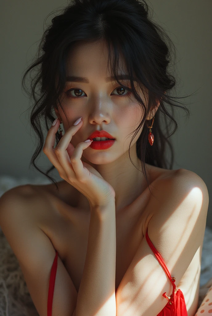 ((best quality)), ((masterpiece)), (detailed), Korean girl arms up naked girl big breast realistic girl detailed armpit wrinkles detailed quality beautiful girl Red lipstick clown girl