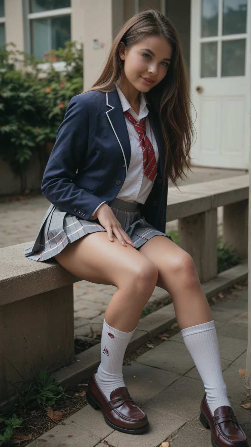 (best quality,4k,8k,highres,masterpiece:1.2),ultra-detailed,(realistic,photorealistic,photo-realistic:1.4), profesional photograph by dunitskiy david, natural light, portraits, a beautiful young japanese girl, 17 years old, wearing ((grey blazer, red necktie, white button dhirt, socks, nike shoes, high school uniform: 1.4), very low neckline, exposed cleavage), sadness look, soft glow, elegant beauty, detailed blue grey eyes, sexy pose, delicate skin texture, flowing messy hair, innocent expression, skinny posture, collarbone, naturally sagging breast, hugeboobs, knees up, sitting pose, spread legs, (brick street with low light:1.4), subtle shadows, dark and scary background, shallow depth of field, high contrast, dark and foggy atmosphere, fine art photography, low angle, (seen from below:1.3), photon mapping,