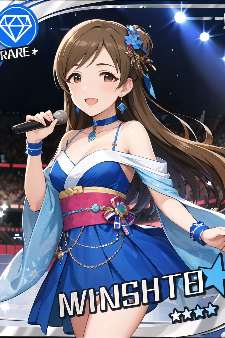 masterpiece, best quality, highres, aanitta, long hair, hair ornament, medium breasts, earrings, blue choker, idol clothes, blue dress, bare shoulders, sleeveless, wrist cuffs, detached sleeves, idolmaster, <lora:nitta_minami_v1:0.7>, smile, open mouth, stage, standing, reaching out, card parody, star \(symbol\), character name, gem \(symbol\),