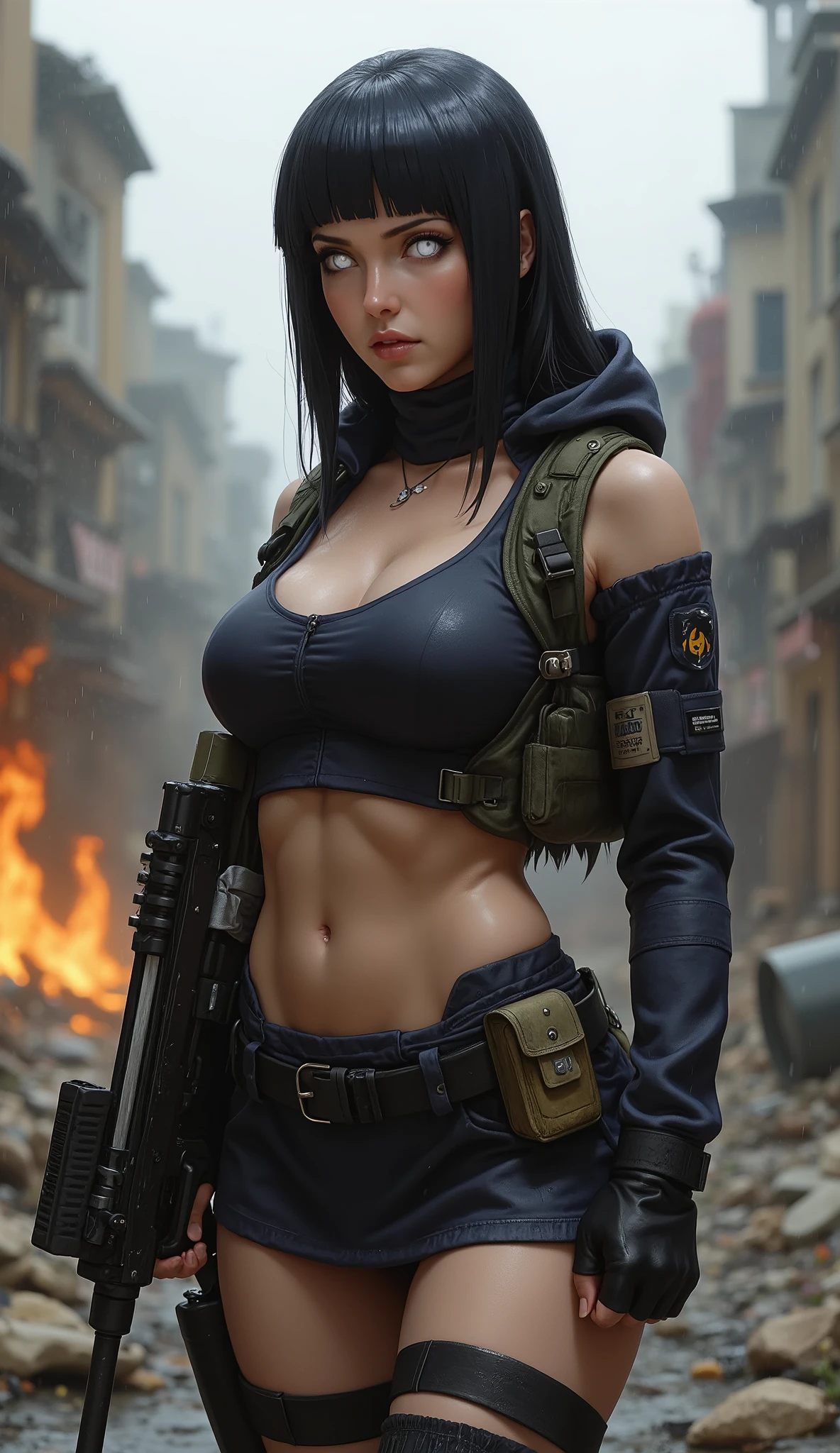 Beautiful hyper-realistic photo-realistic post-apocalyptic battle scene of a beautiful young woman in detail, curvy body 1.2, (((Hinata Hyuuga))), ((byakugan eyes, white)), (((detailed white eyes))), ((detailed and intricate)), full crop top, black mesh model, black delta force tactical gear, hood down, dark blue short skirt, deep 0.1 cleavage, (konohagakure symbol on arm), (loose naruto headband on neck), combat harness, long flowing white highlight black hair with blunt bangs, (((holding AR-15 assault rifle))), ready pose facing the viewer, fierce angry glare, thigh pouch, white cloth wrapped around thighs and arms, thick thighs 1.2, wide hips 1.3, exterior of destroyed building, fire, smoke, debris, elite soldier, camouflage net, ammunition box, rain, storm, wet, abstract beauty, almost perfect, burning landscape in the background background, burning forest, photo of the year winners, world on fire, post-apocalyptic hell military photography, epic photo of the year, fire on the horizon, epic cinematic shot, knee-high photo, pure form, intricate detail, 8k post-production, high resolution, super detail, trending on ArtStation, sharp focus, studio shot, intricate detail, highly detailed, By Greg Rutkowski
