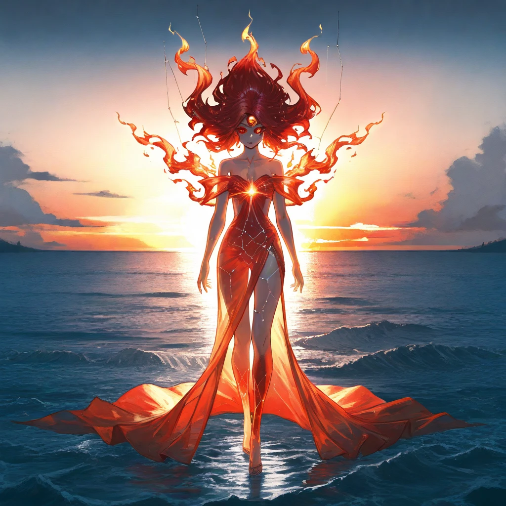 Surreal art of a beautiful woman embodying the goddess of the sea, standing on an ancient column immersed in the abstract, swirling waves of the sea, her long brown hair with bright golden locks fluttering in the stormy air as the spectacular setting sun paints the sky with red clouds, Dark clouds intertwined with lightning and a gentle drizzle, watercolor style masterpiece with a dodge effect that creates a stormy sky, bath underwear, transparent bathrobe, red bath underwear, ancient Greek city blurred in the distance, ancient city in the fog, lighthouse shining, lighthouse illuminates the sea, goddess dressed in gold jewelry,