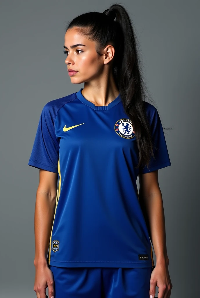a light blue team shirt with gold details and more details with the IFMT symbol WITHOUT A HIGH COLLAR