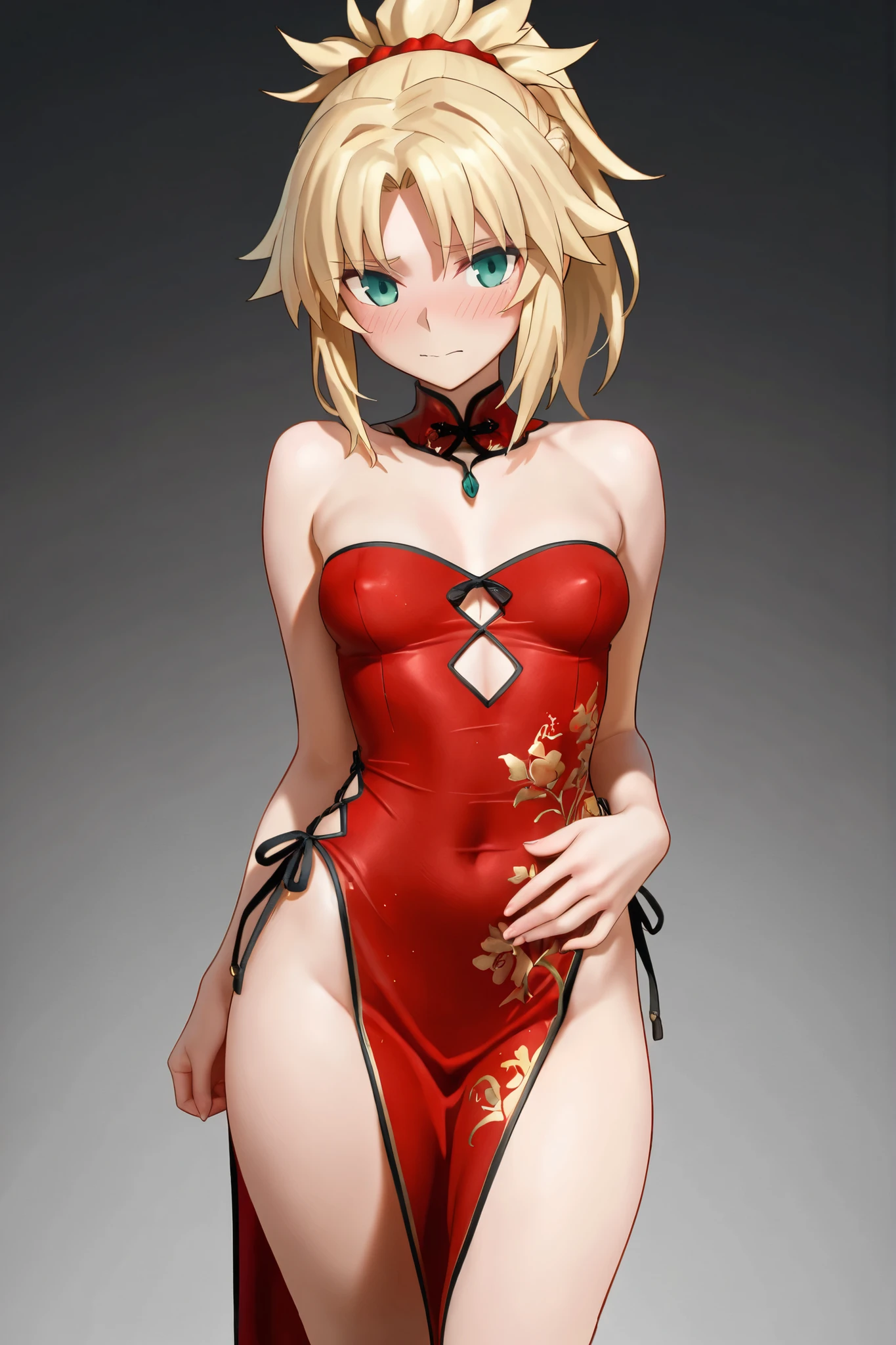 masterpiece,best quality, ultra-detailed,1girl(sakurai momoka, lovely small breasts, wavy hair, long hair,blonde hair, headband, pink flower in hair,green eyes), a bright face, light smile, parted lips, nose blush, blush, facing viewer , looking at viewer, head tilt, solo, red china dress, short dress, sleeveless, black lace thighhighs, in the livingroom, standing, Sexy waist teasing
