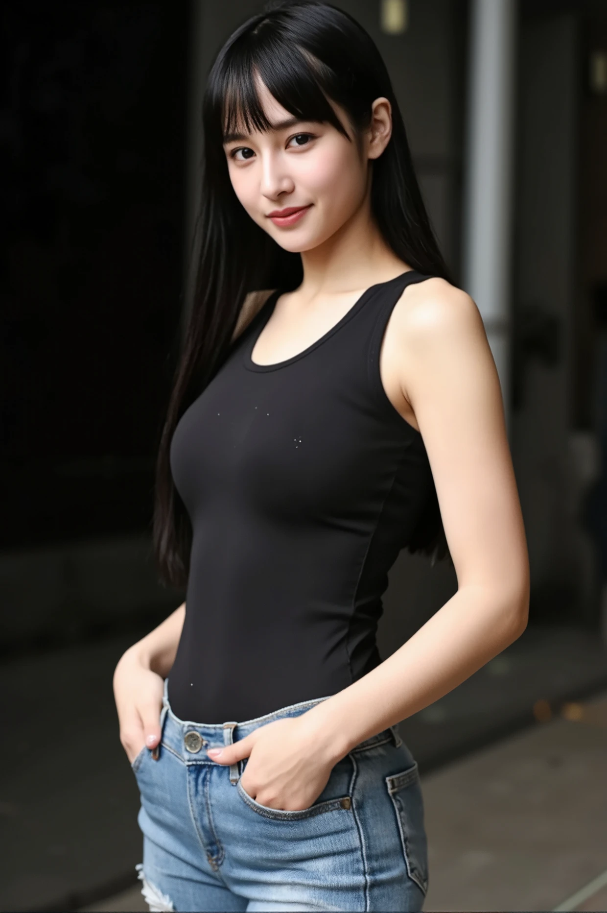 Close up of woman posing for photo,  Japan Person Model, 18-year-old female model,  4K、An ultra-high picture quality、bangss、A dark-haired、bobhair、Middle hair、Straight hair、(sexy black tank top、a miniskirt:1.2),　(Super cute face in idol style:1.4)、slim and beautiful figure、beutiful breast、A smile、full bodyesbian:1.2、The background is a stylish dance hall、Erotic、I&#39;m in heat with sexual desire、sexypose、