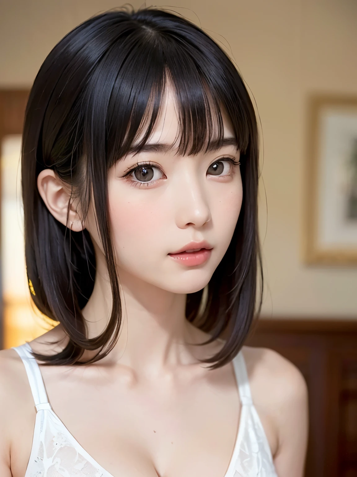 (1 nogizaka girl,raw photo,photo realistic:1.5),(best quality, high quality,HDR, highest quality,ultra high resolution,high resolution,high res,ultra high difinition,huge file size,8K,2K wallpaper,8K wallpaper,high quality texture,amazing,an extremely delicate:1.4),one girl, Japanese famous idol,beautiful face,small face,absurd,ridiculous,incredibly ridiculous,blurry background,(cleavage,no makeup:1.2),medium skin,beautiful skin,detailed skin,black hair,silky hair,(Japanese eyes:1.3),detailed eyes,black eyes,Japanese idol eyes,triangle eyes,Japanese nose,5-fingers,(Light Particles, Lens Flare, Luminous Particles: 0.7),looking at viewer,bright lighting,professional lighting,girl