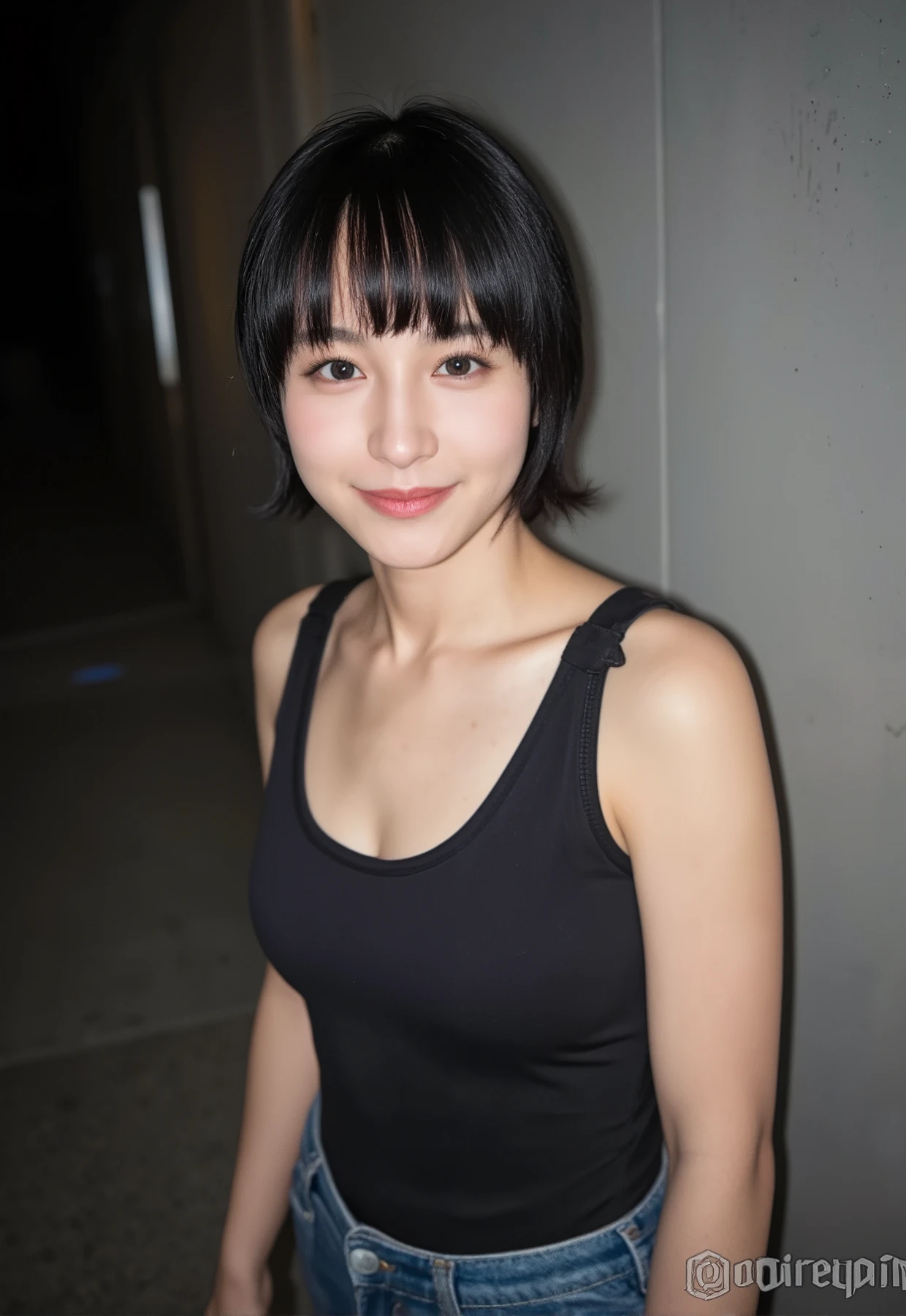 ((Highest quality、8K、masterpiece:1.3))、Realistic, Sharp focus, High resolution, High resolution,Portraiture, Photograph the upper body、One person、Japanese、woman, beautiful woman, (((Black tank top)))、30 years old, Attractive person, Medium Long Hair,smile