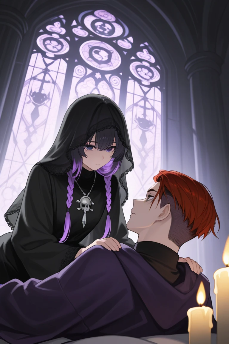 Sleeps 3. Two female nuns with dark blue hair and permed hair..red eyes. Male priest with white purple eyes in the center. church. Sacred. Vampire.bat. Three people.