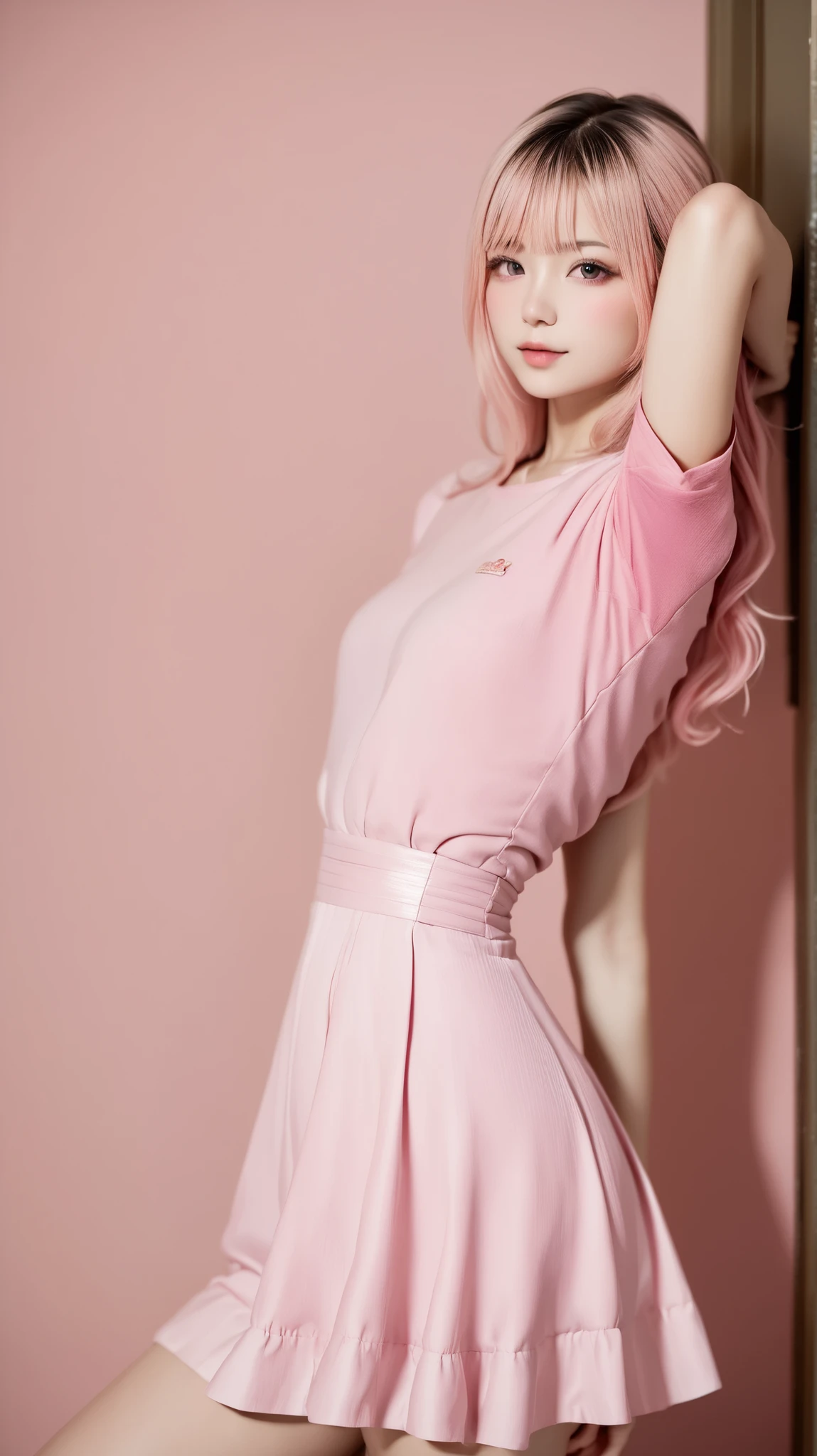 (((Pink World:1.3)))、Best Quality, masterpiece, high resolution, (((one girl on her back))), ,((( eyes:1.3)))、pink dress、((pink shirt:1.3、pink block dress)), tyndall effect , realistic, Shadow Studio , Ultramarine Light , two-tone lighting, (high detail skin: 1.2)、Light colored lighting 、Lighting、 DSLR, pictures, high resolution, 4K, 8k, blurry background, beautifully fades out 、light pink background、背景 Pink World