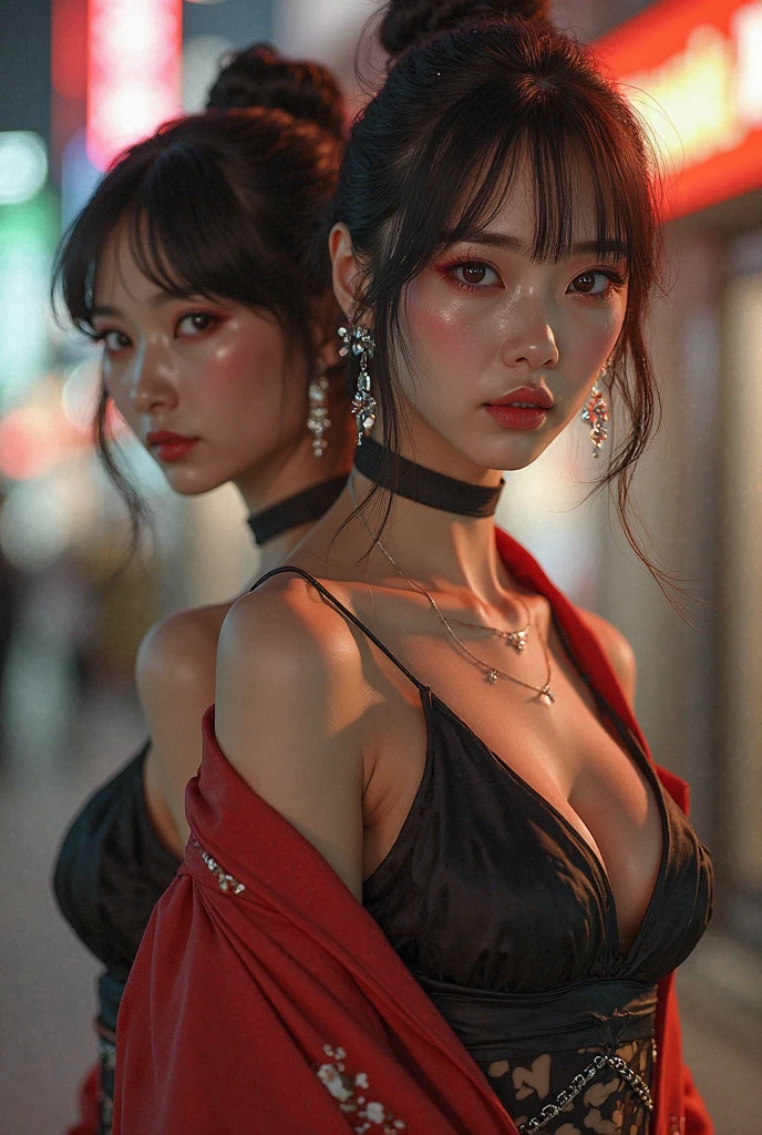 two women.at work place.hugging each other.One has very short and brown hair, a woman&#39;s black suit with a tight white shirt with the button open, red high-heeled shoes..The other woman has long and wavy black hair and is wearing a black coat and short skirt with a long choker, thin black tights, and red high heels..High Quality.High detail on the body..Full details in face, face, eyes and hands. Affection.Love.sexy.came.lesbian.Poseidon.Big and firm breasts.flat stomach.thin waist, narrow waisted.Fashion Show.Just reflective.عاشقانه two women.Lip Catching..touching each other