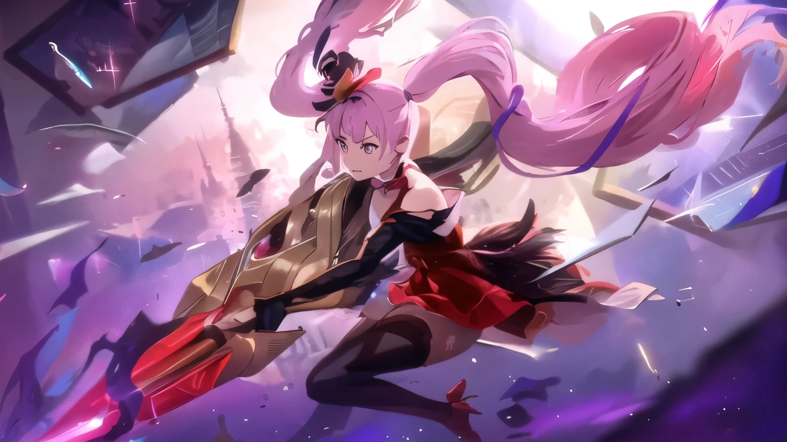 upper body, (best quality), (masterpiece), (solo), 1girl, pink hair, purple eyed, Pony tail hair, purple and red dress