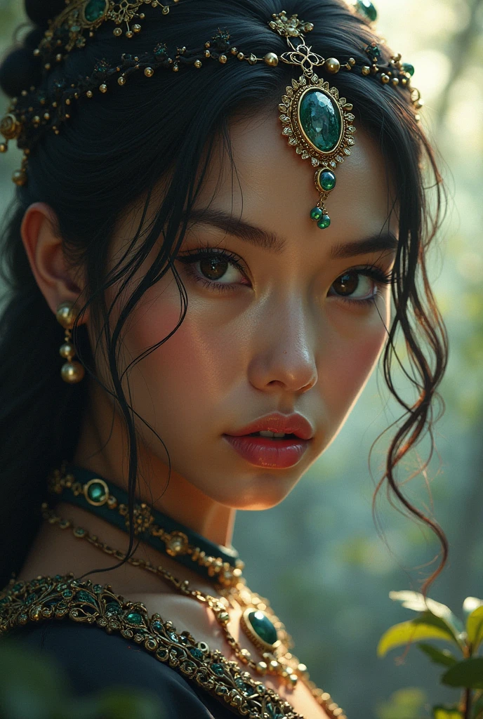 1girl, dark skin young Asian princess, purple lipstick, Yellow Blush, and Emerald Eye Shadow, Holding Her Breast Up, armor, black_hair, blurry, blurry_background, blurry_foreground, breasts, blue_eyes, closed_mouth, depth_of_field, earrings, jewelry, long_hair, looking_at_viewer, smile, solo, upper_body