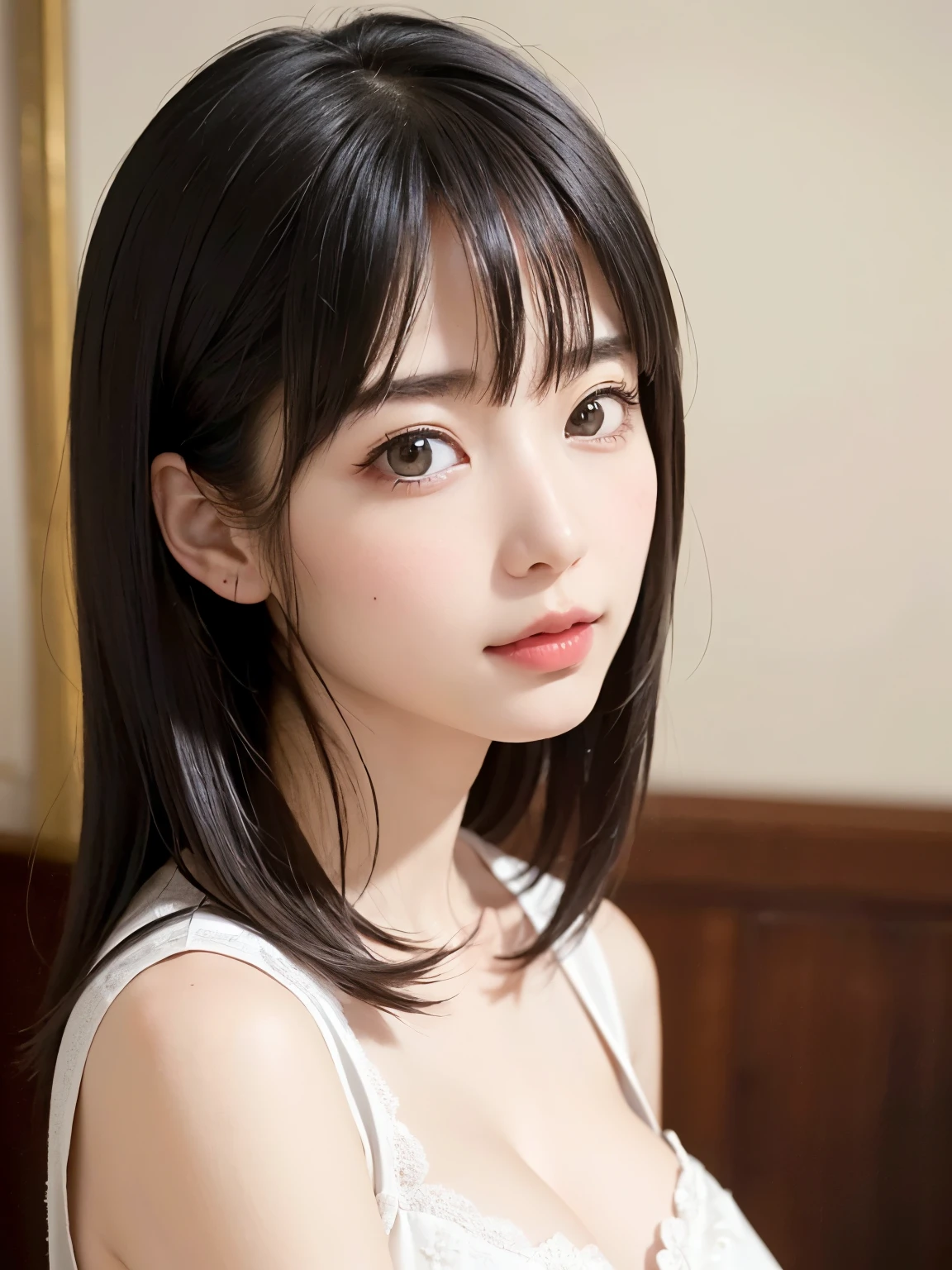 Everything is beautifully detailed:1.6,masterpiece、Highest quality、1 girl, alone, alone focus, Cowboy Shot, Portraiture, Oversized clothing, Blue and white hoodie, half水彩画, half, ((Black Hair)), (Shiny Hair), (Gradient Hair :1.5), Curly Hair, ((Beautifully drawn delicate eyes)), Very detailedな目, Sunburn, (Dark caramel skin:1.1), Highest quality, Very detailed, White Background, Simple Background、{Huge|big|Hugeな|Mega} chest:2, chestの谷間:2、開けたchest、Perfect Anatomy、Cute Smile、((short hair:1.hort Bob Hair、bangs))、Listen carefully、Beautiful long neck、Perfect Anatomy