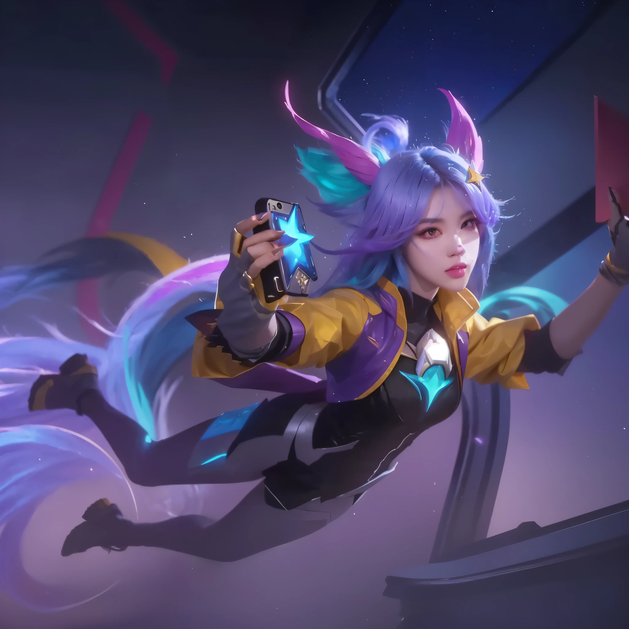 a close up of a person holding a cell phone in a room, star guardians, kda, star guardian inspired, official splash art, style league of legends, seraphine ahri kda, senna from league of legends, qiyana, zenra taliyah, iconic character splash art, league of legends character, knights of zodiac girl, character splash art