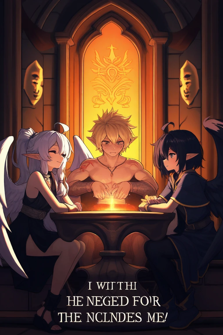 One tall buff male angel with blonde hair, wearing white and golden armor, is squished inbetween six small horny incubus demons in a cramped elevator. The Incubus demons mainly have pink or purple skin, wearing black revealing clothing. THERE MUST BE SIX INCUBUS DEMONS PUSHING AGAINST THE SINGULAR ANGEL. THE ANGEL SHOULD NOT LOOK LIKE THE ICUBUS DEMONS.