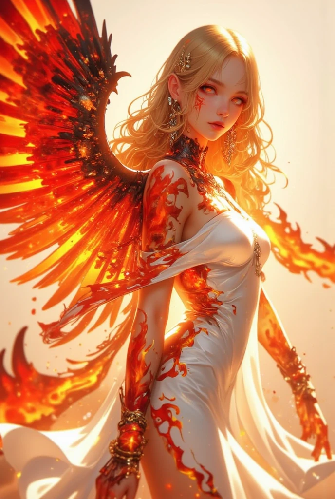 Um belo anjo, com cabelos vermelhos virando fogo, uma mulher anjo, de seios grandes, um anjo com asas de fogo, ela transmite calor e paz, wallpaper, 8k, detalhes intrincados, obra-prima