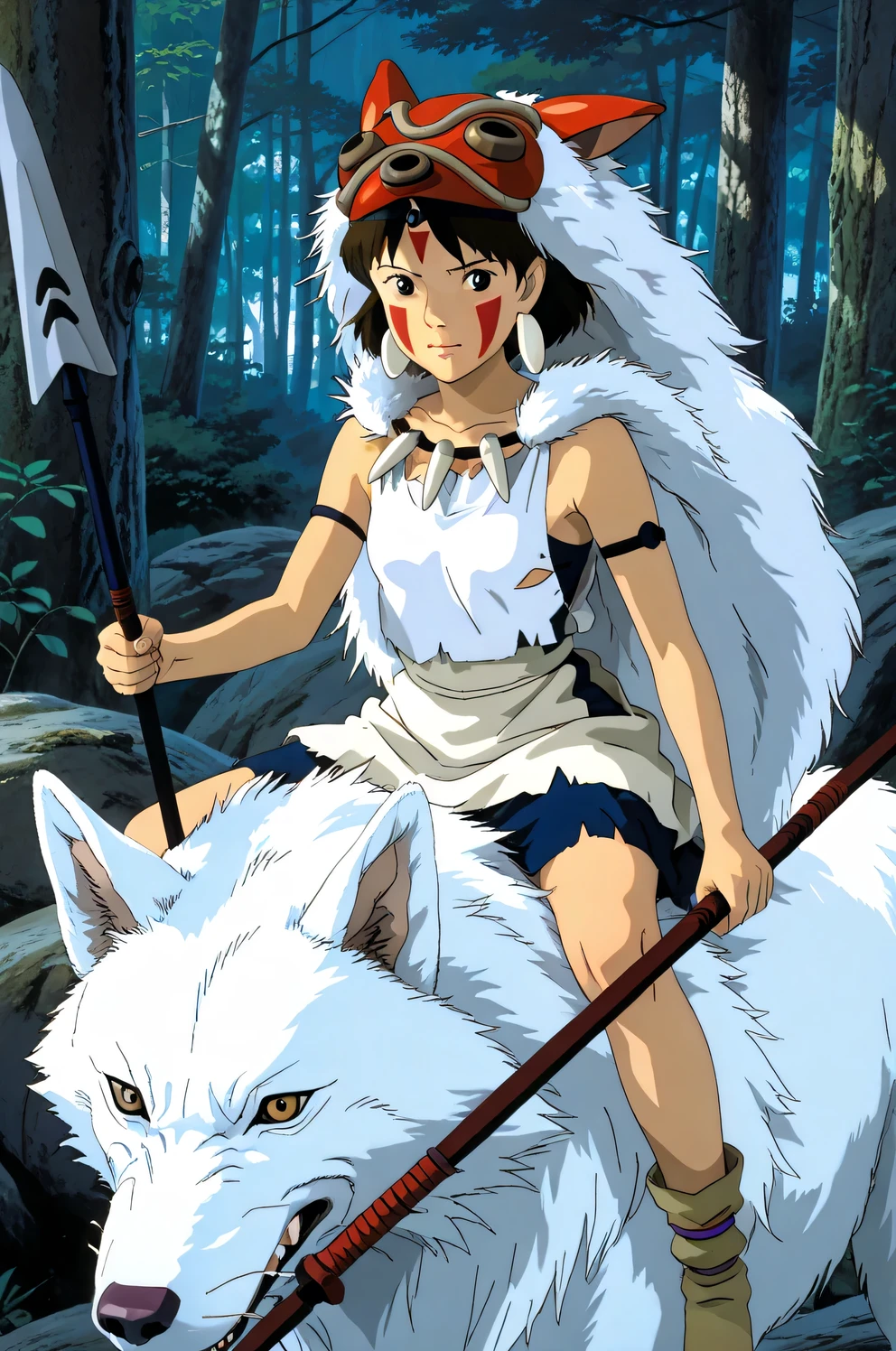 (Masterpiece), best quality, 8k wallpaper, Super detailed, beautiful,, highest quality, 1girl, dark short hair with bangs, small breasts, flat chest, beautiful face, with face paint, (XIV-years-old), wearing a thin white skirt, a white crop top, (torn clothes), and wolf mask on her head (princess mononoke style), sitting on the back of a giant white wolf riding through a mountain forest, holding a spear in her hand, studio ghibli style,, princess mononoke, short stature, perfect proportions, show full body,