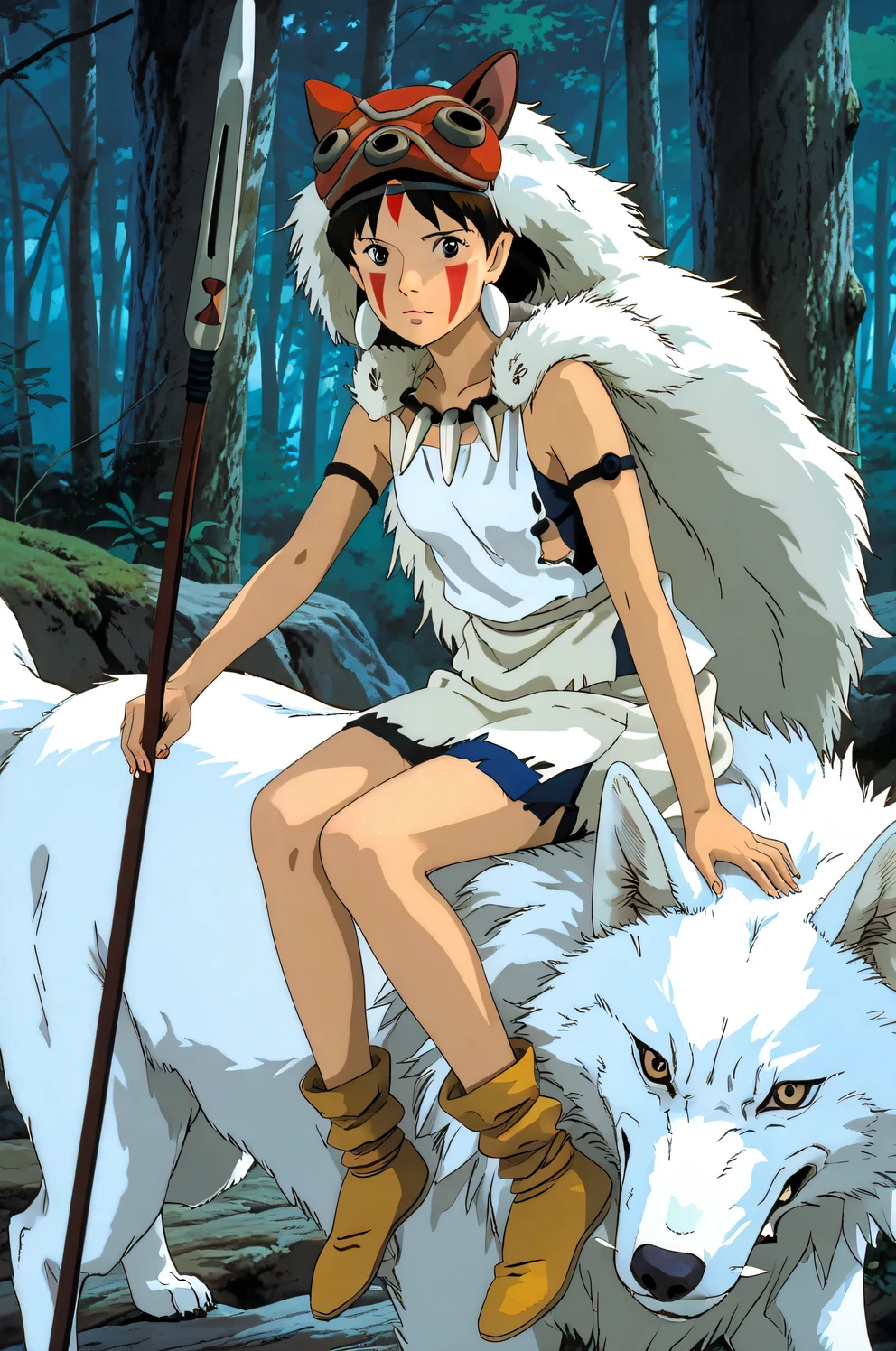 (Masterpiece), best quality, 8k wallpaper, Super detailed, beautiful,, highest quality, 1girl, dark short hair with bangs, small breasts, flat chest, beautiful face, with face paint, (XIV-years-old), wearing a thin white skirt, a white crop top, (torn clothes), and wolf mask on her head (princess mononoke style), sitting on the back of a giant white wolf riding through a mountain forest, holding a spear in her hand, studio ghibli style,, princess mononoke, short stature, perfect proportions, show full body,