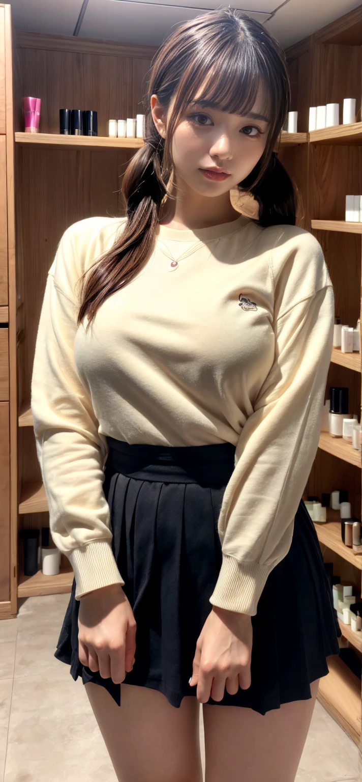 masterpiece, best quality, illustration, Super detailed, fine details, High resolution, 8K,wall paper, perfect dynamic composition,(Details High quality, realistic depiction of eyes:1.3), (Fashionable、Beige oversized sweatshirt、long-sleeve), large breasts,short bob hair, black hair color, Big Natural Color Lip, bold sexy pose, crying a little、Harajuku style、20 year old girl、cute type、lolita、beautiful legs, hotel room, hposing Gravure Idol, (woman on top, straddling, sitting)