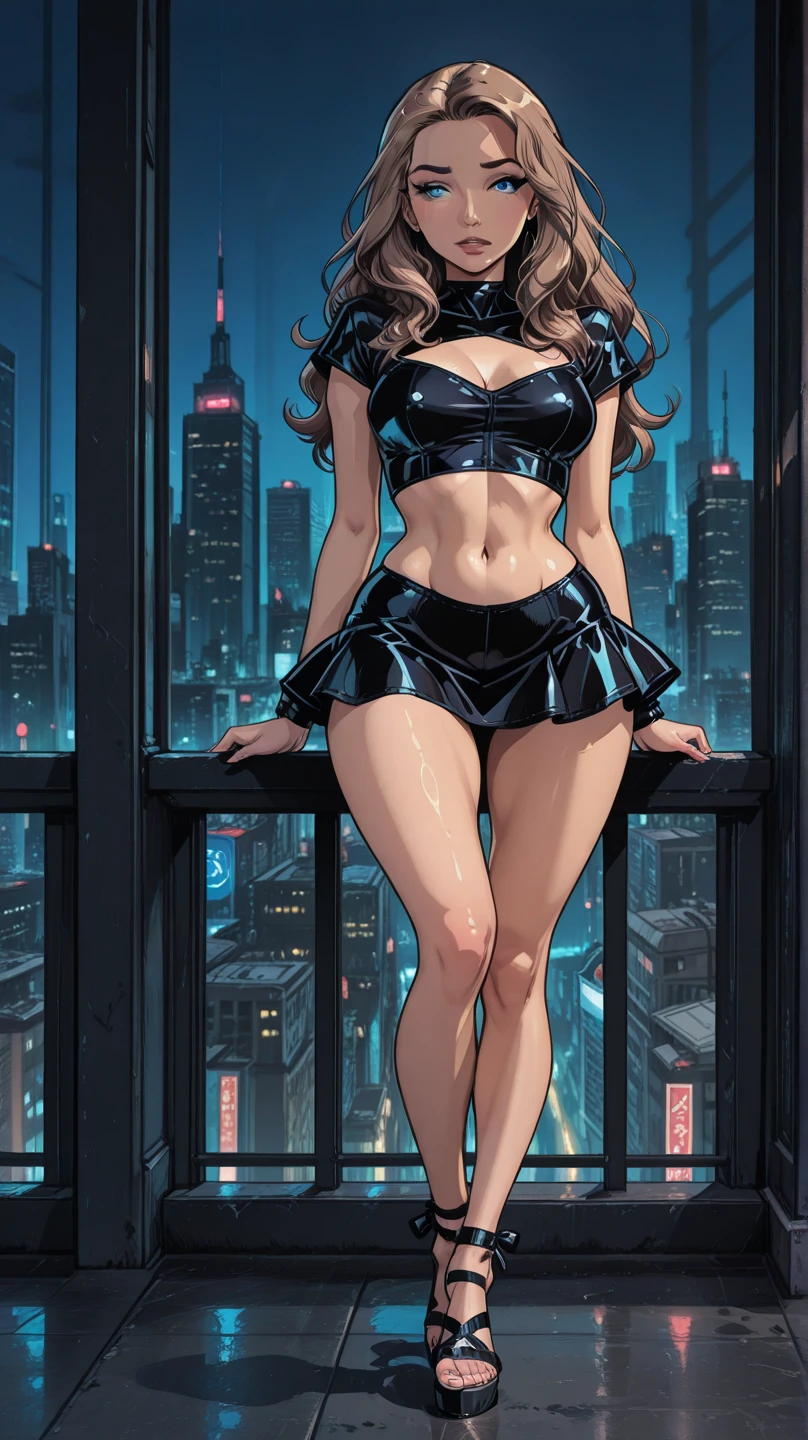 gorgeous woman with wavy hair detailed alluring eyes Thigh gap long sexy legs wearing tiny shorts tshirt in beautiful futuristic cyberpunk+ city, mist, wet, raining, best quality masterpiece, photorealistic, detailed, 8k, HDR, shallow depth of field, broad light, high contrast, backlighting, bloom, light sparkles, chromatic aberration, sharp focus, RAW color photo, sultry look, seductive