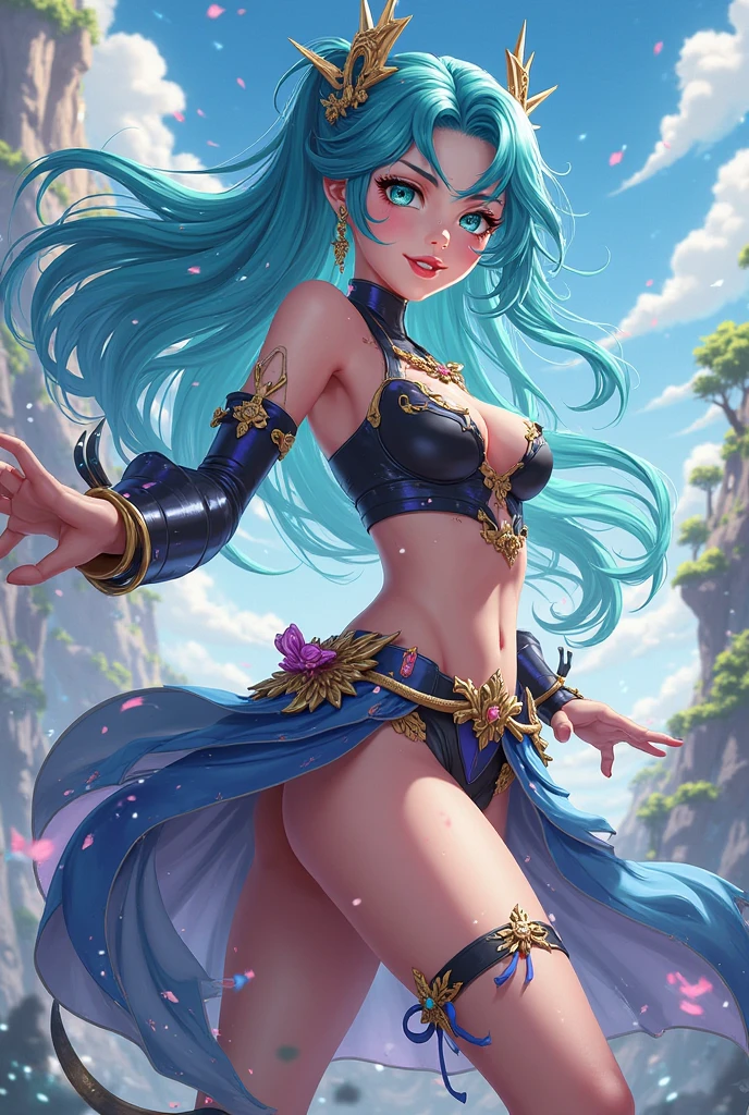 best qualityer,tmasterpiece,Ultimate resolution,downy,Extremely colorful,Colorful,waters,Sexy beauty,Short blue-green hair,closeup of face,blue bikini,huge tit,Crop topping,short skirt,Bare legged,Barefoot,Blue manicure,Normal posture