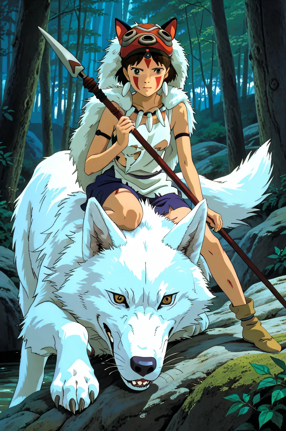 (Masterpiece), best quality, 8k wallpaper, Super detailed, beautiful,, highest quality, 1girl, dark short hair with bangs, small breasts, flat chest, beautiful face, with face paint, (XIV-years-old), wearing a thin white skirt, a white crop top, (torn clothes), and wolf mask on her head (princess mononoke style), sitting on the back of a giant white wolf riding through a mountain forest, holding a spear in her hand, studio ghibli style,, princess mononoke, short stature, perfect proportions, show full body,
