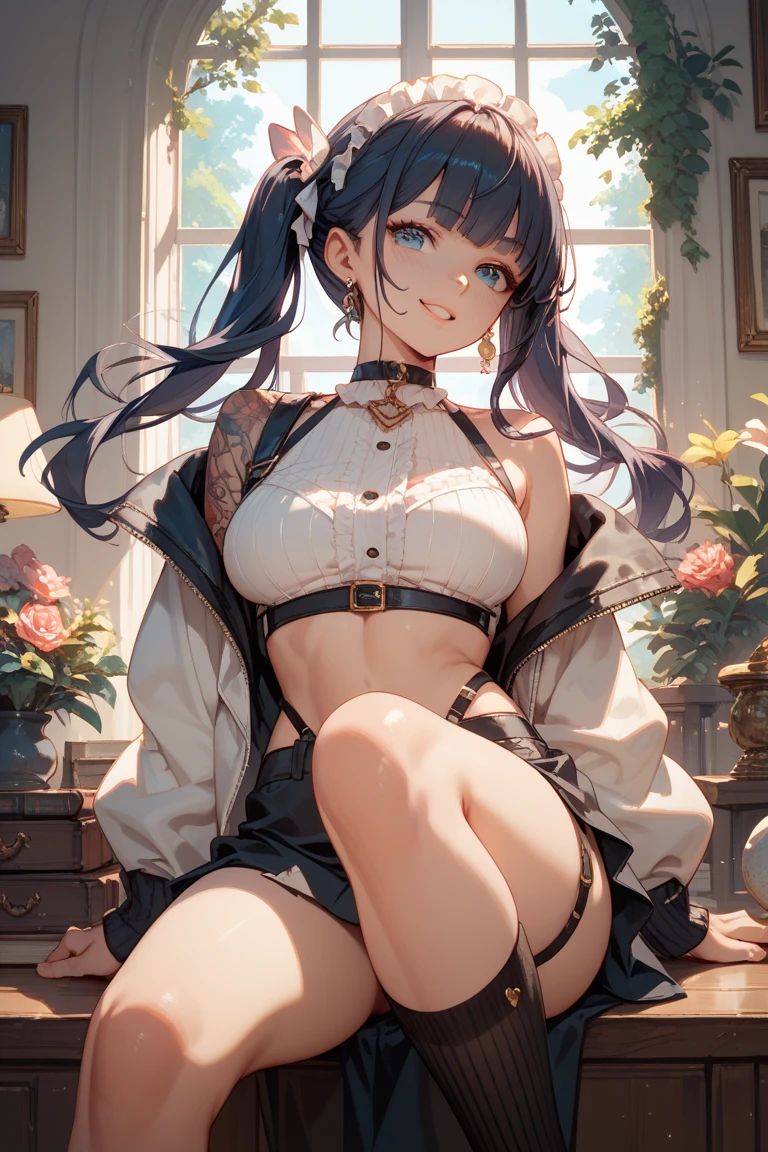 a beautiful young woman with a mischievous smile, sitting with her legs apart revealing her panties, seductive wink, wearing a mini skirt, long thick thighs, large buttocks, , twin tails, black hair, looking down at the viewer, photorealistic, 4k, hyperdetailed, masterpiece, high quality, glossy, dramatic lighting, vivid colors, cinematic