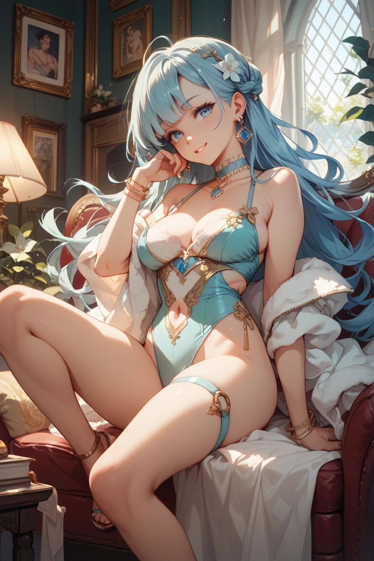 Highest quality、Highest quality、masterpiece、(8k resolution),beauty(Age 25)、(Mature Appearance)、Light blue long hair(Braiding of sides)、blue eyes、(Blue underwear with detailed embroidery)、(Elf)、Big cleavage、((Very large breasts))、smile、blue necklace、Blue Earrings、background(ice)、Please open your mouth wide、bracelet、Dynamic pose、Blue choker、