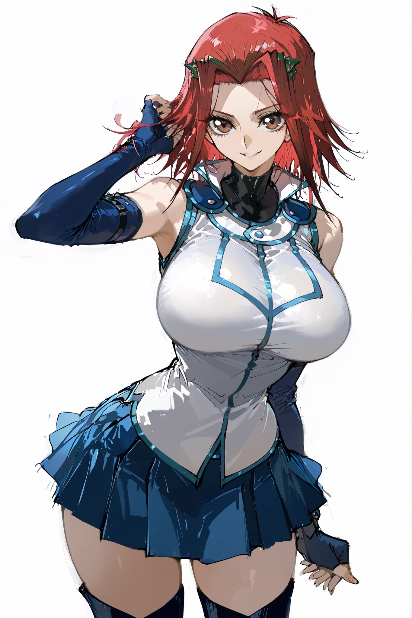 masterpiece, best quality, high quality, detailed, ultra detailed, hyper detailed, insanely detailed, exquisite, beautiful, FHD, Full-HD, 4K, 8K, 16K, highres, absurdres, One Girl ,(((aki izayoi from Yu-Gi-Oh! 5D's))), brown eyes, red hair, short hair, parted bangs, huge breasts , blue footwear, blue gloves, blue skirt, blue boots, duel academy uniform (yu-gi-oh! gx), elbow gloves, fingerless gloves, gloves, jacket, miniskirt, skirt, sleeveless, sleeveless jacket, sleeveless shirt, white jacket , (((concept art))) ,(((solo))) , posing , cowboy shot , Tempting smile ,White background ,