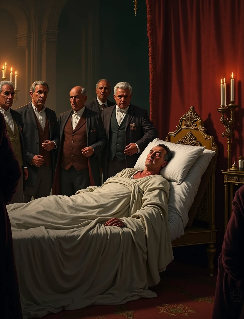 A king is lying sick in bed and many generals are standing by his side