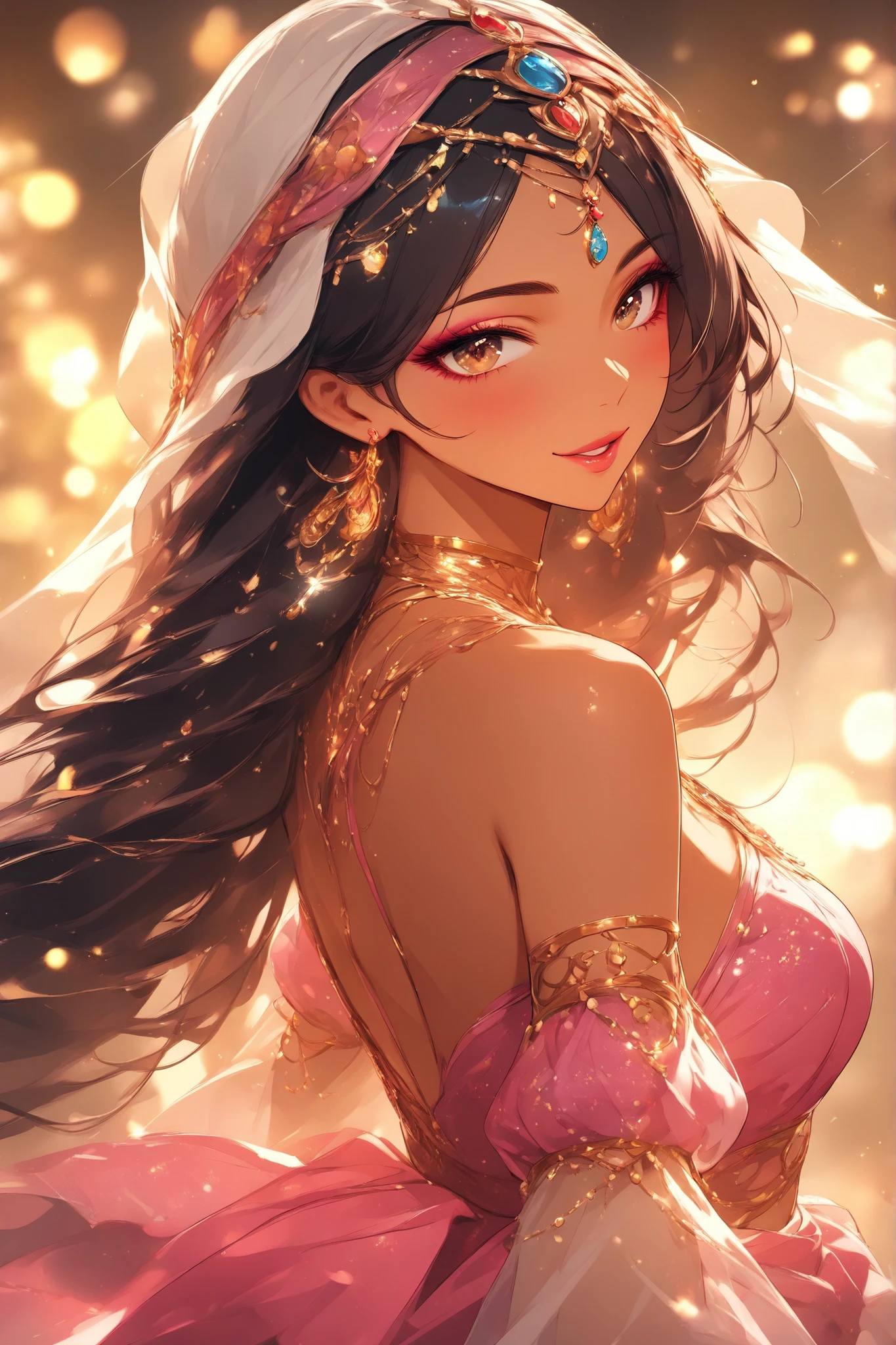 (masterpiece:1.2),high quality、very breathtaking、beautiful details、best image quality、((Three-dimensional works))、Light effects、Sparkling、((brown skin:0.7))middle East、Arabian Nights、Princess in a dress、Seductive Makeup、Use beautiful colors