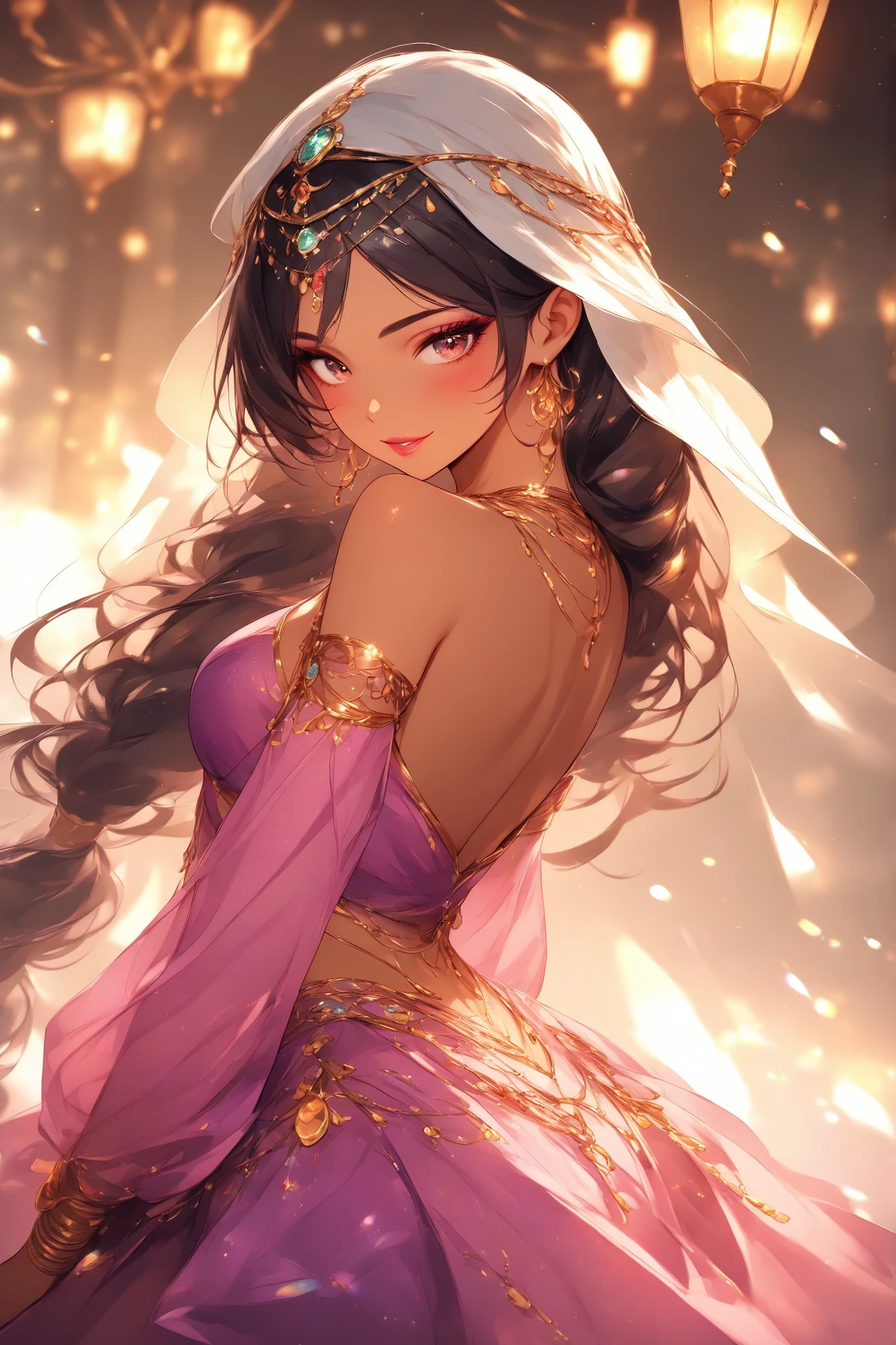 (masterpiece:1.2),high quality、very breathtaking、beautiful details、best image quality、((Three-dimensional works))、Light effects、Sparkling、((brown skin:0.7))middle East、Arabian Nights、Princess in a dress、Seductive Makeup、Use beautiful colors
