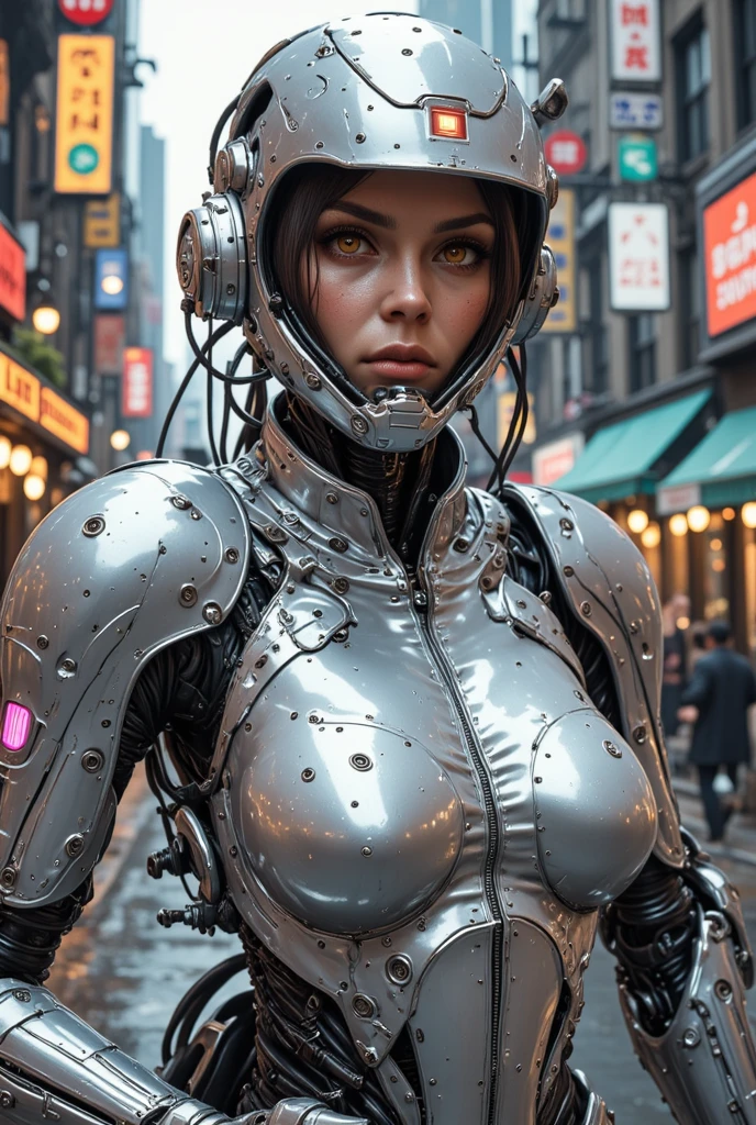 (best quality, masterpiece, highest detailed), (photorealistic:1.2), (detailed light:1.2), (Realistic skin texture:1.4), raw photo, cyberpunk photo, cyborg, human and robot, mechanical body parts, cybernetic organism, rusty exoskeleton, drinking beer in an old bar, looking at viewer, dirty photo, bleak future