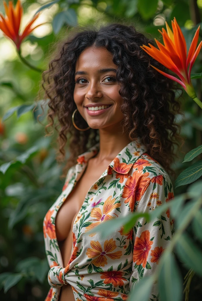 A Brazilian woman in a lush tropical garden, wearing an open shirt with a floral print, with a close-up capturing the harmonious beauty between her breasts and the natural flowers, showing off your natural charm and outgoing personality.