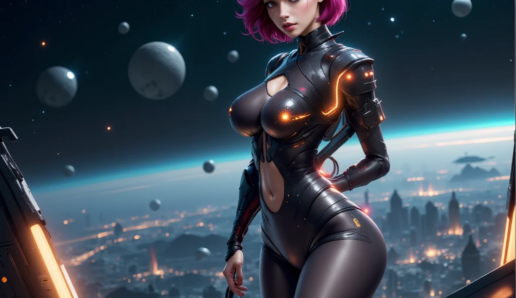 (Full body image+straight body:1.5) Moonlight/mechanical woman/gigantic breasts/(extremely exhibitionist:1). She's inside an alien base crowded with aliens, has a hole in the wall of the ship that's sucking everyone out)). She has very short pink hair; blue eyes, is looking at the viewer, embarrassed face, holding futuristic weapons, Super Metroid, 16k, best quality, high details, UHD, masterpiece
