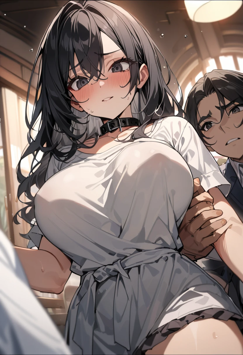 masutepiece, Best Quality,Hi-Res、Illustration, Wallpaper, ultra -detail, Little Face Lori、(((molesting)))、Detailed eyes, Complex hairstyle、Sareme、(Frightened:1.3)、((embarrassed from))、(Teary-eyed:1.3)、(((Cute white underwear)))、(Cute shirt、Skirts of light shades)、ample breasts、((Morester))、((Girl being undressed by a man))